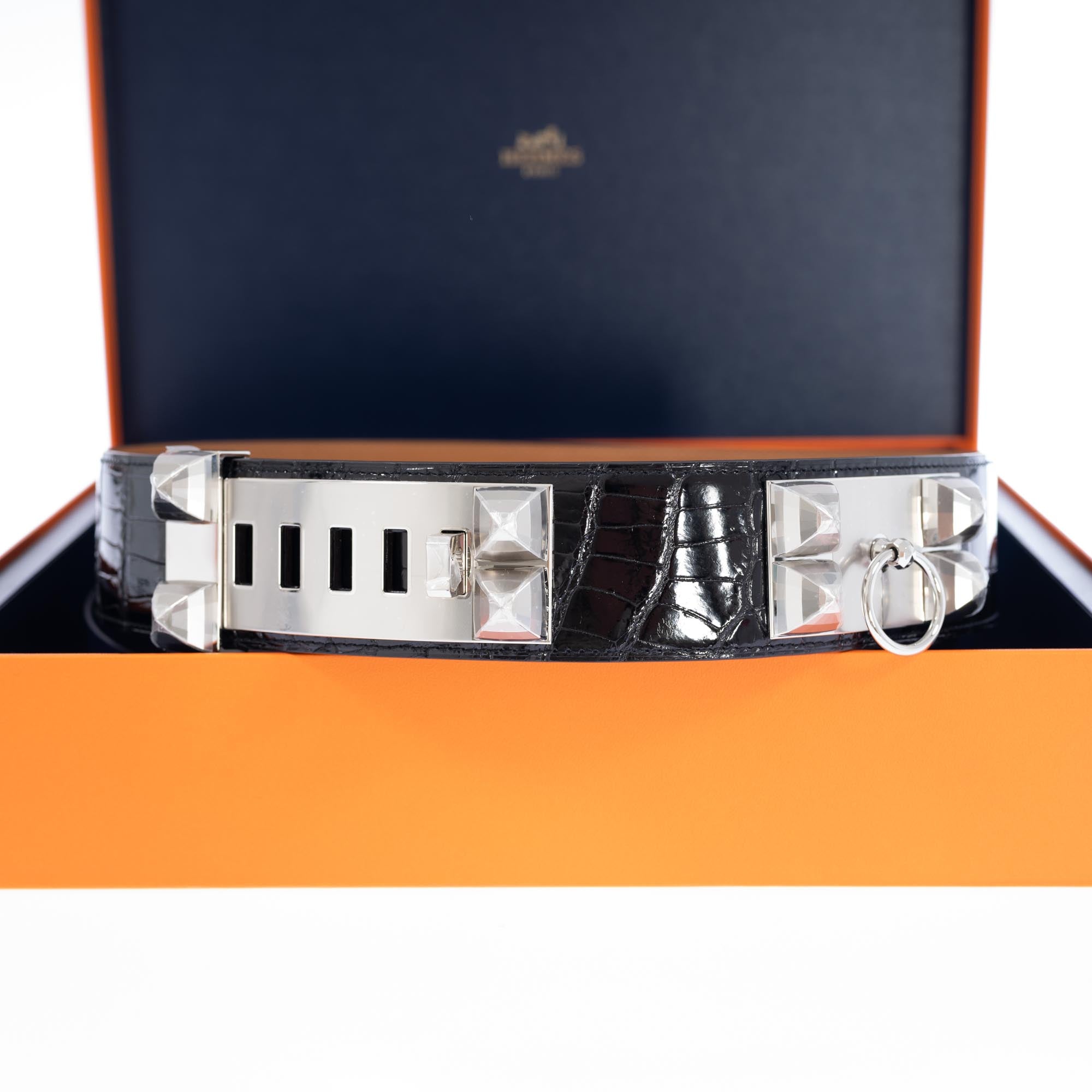 Hermès Collier de Chien Belt Faubourg en Fête Porosus Crocodile Size 80 Palladium Hardware