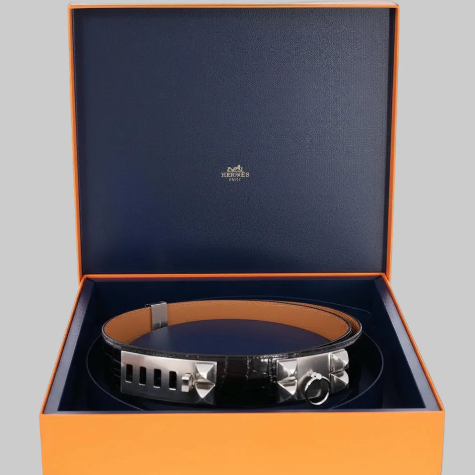 Hermès Collier de Chien Belt Faubourg en Fête Porosus Crocodile Size 80 Palladium Hardware