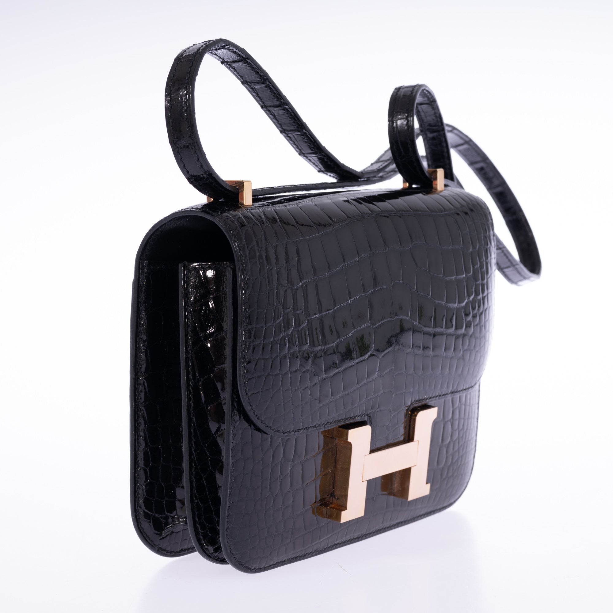 Hermès Constance 18 Noir Shiny Alligator Rose Gold Hardware