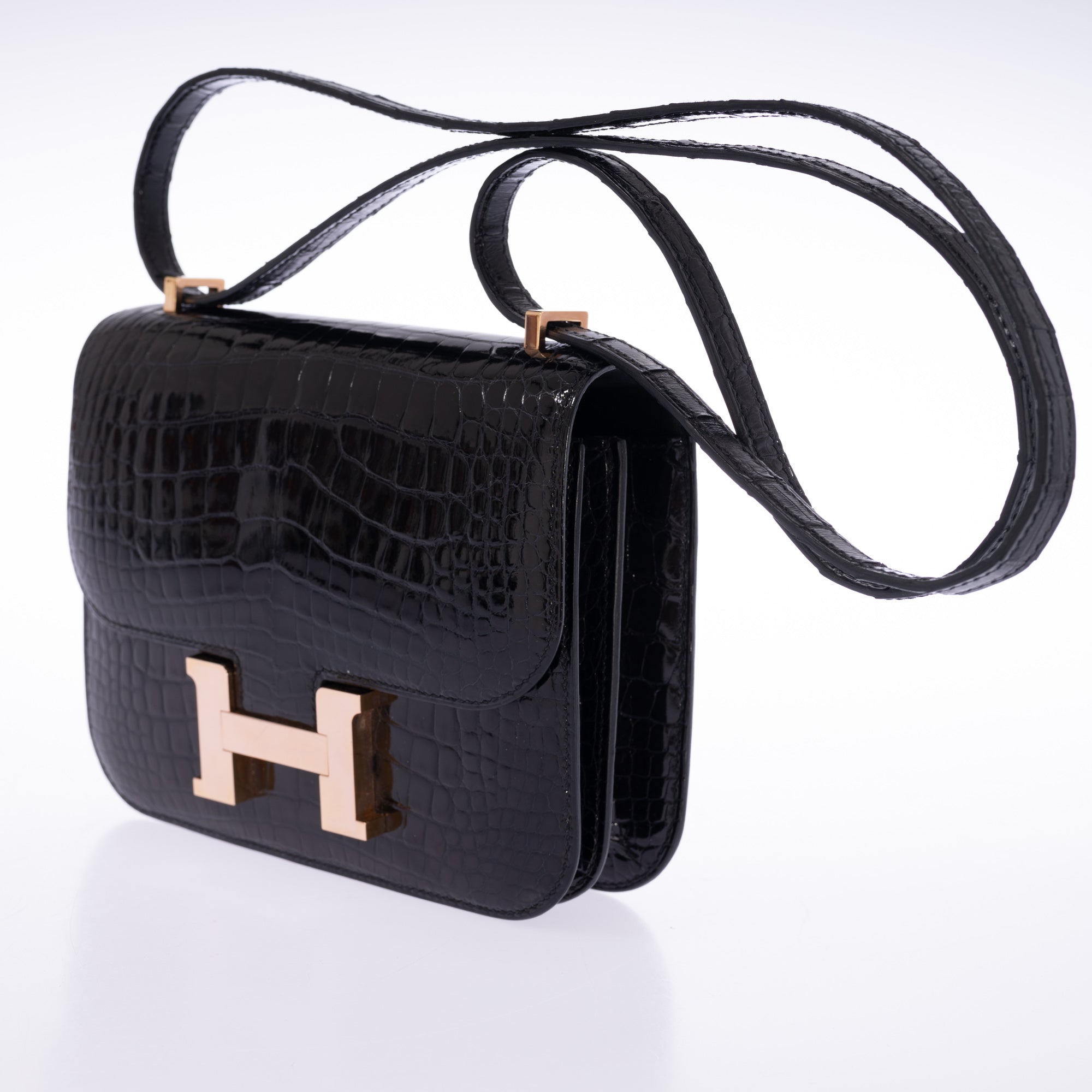 Hermès Constance 18 Noir Shiny Alligator Rose Gold Hardware