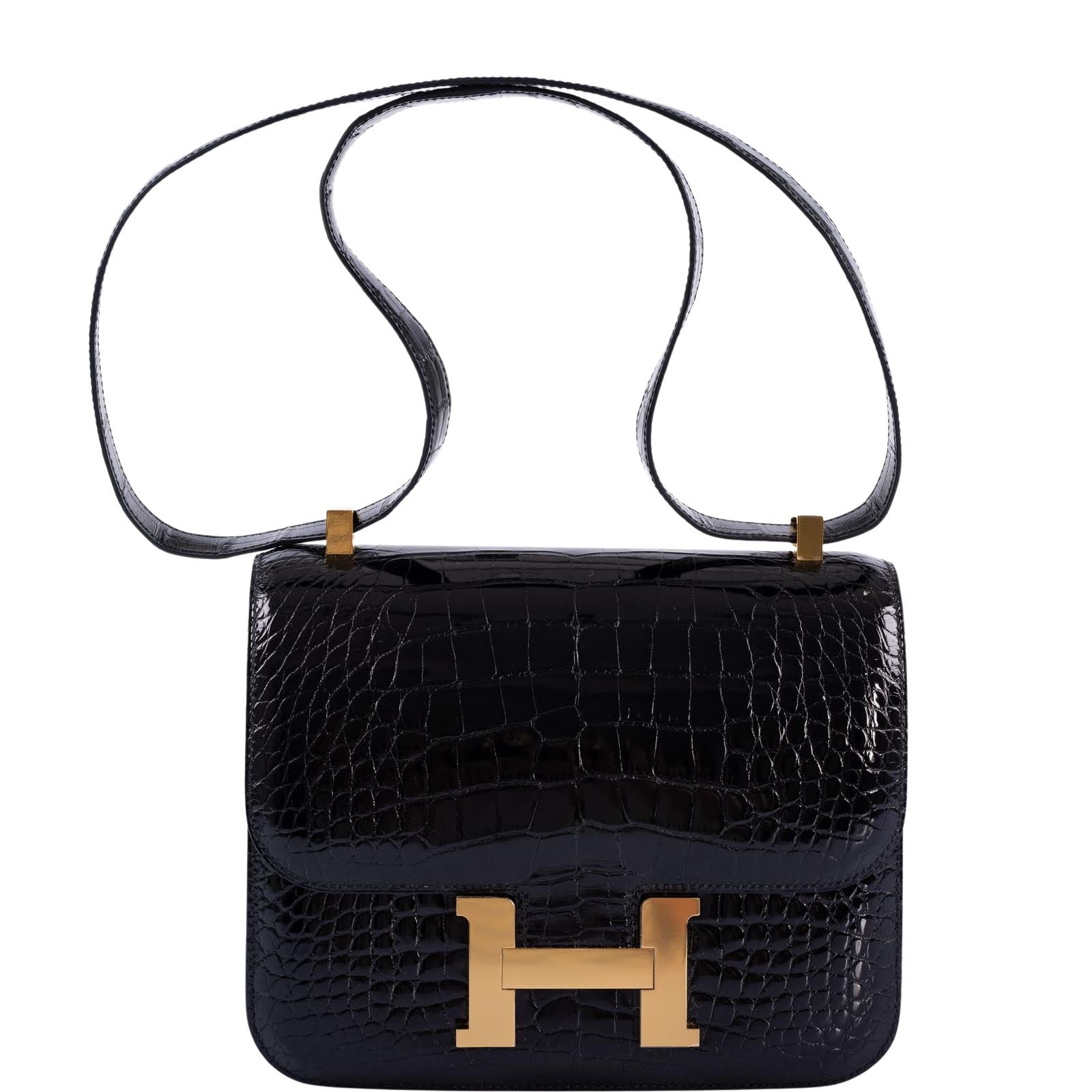 Hermès Constance 24 Verso Shiny Black Alligator and Rouge H with Gold Hardware