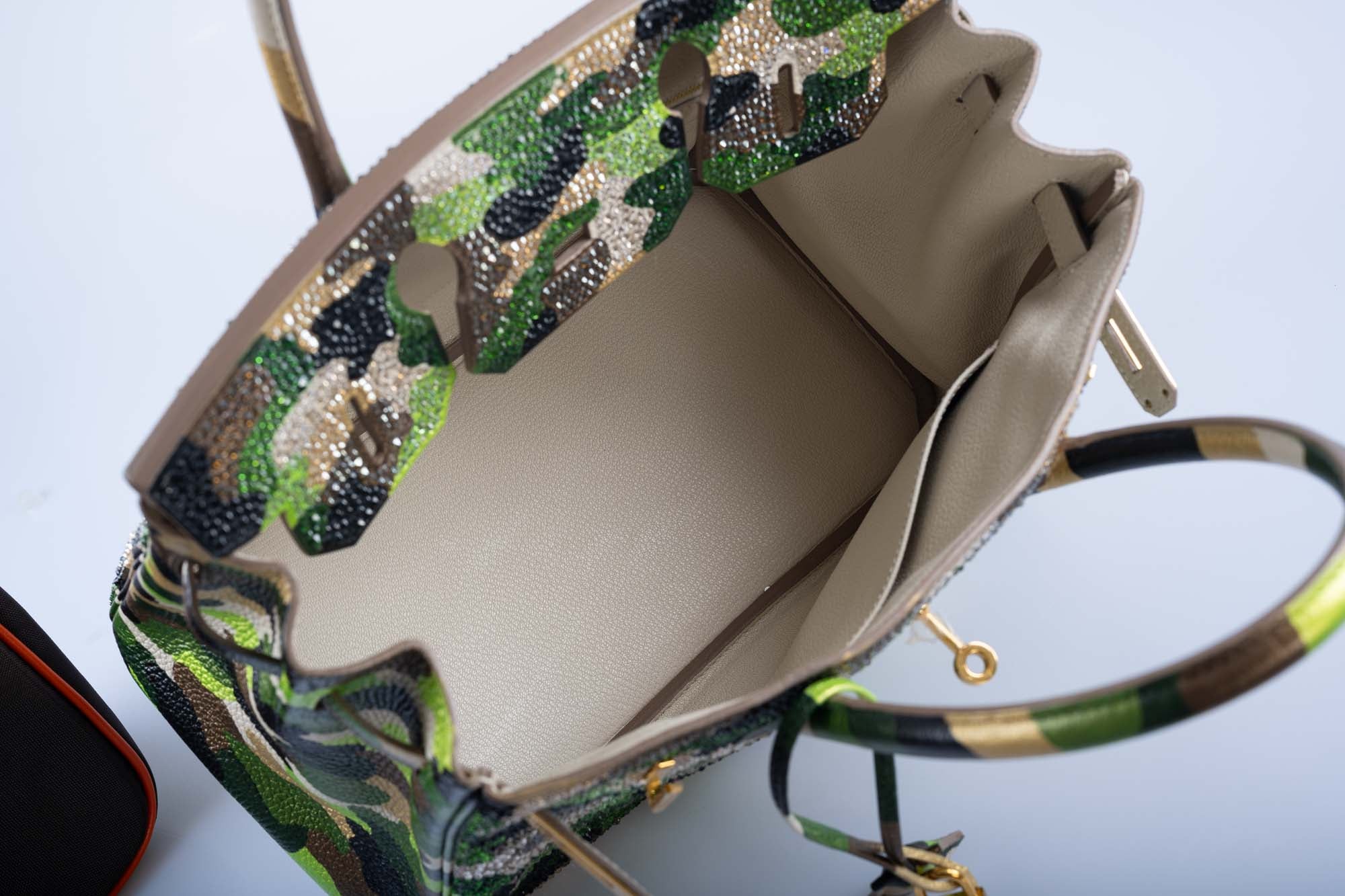 Hermès Custom Swarovski Crystal Camo Birkin 30 Green Togo Gold Hardware