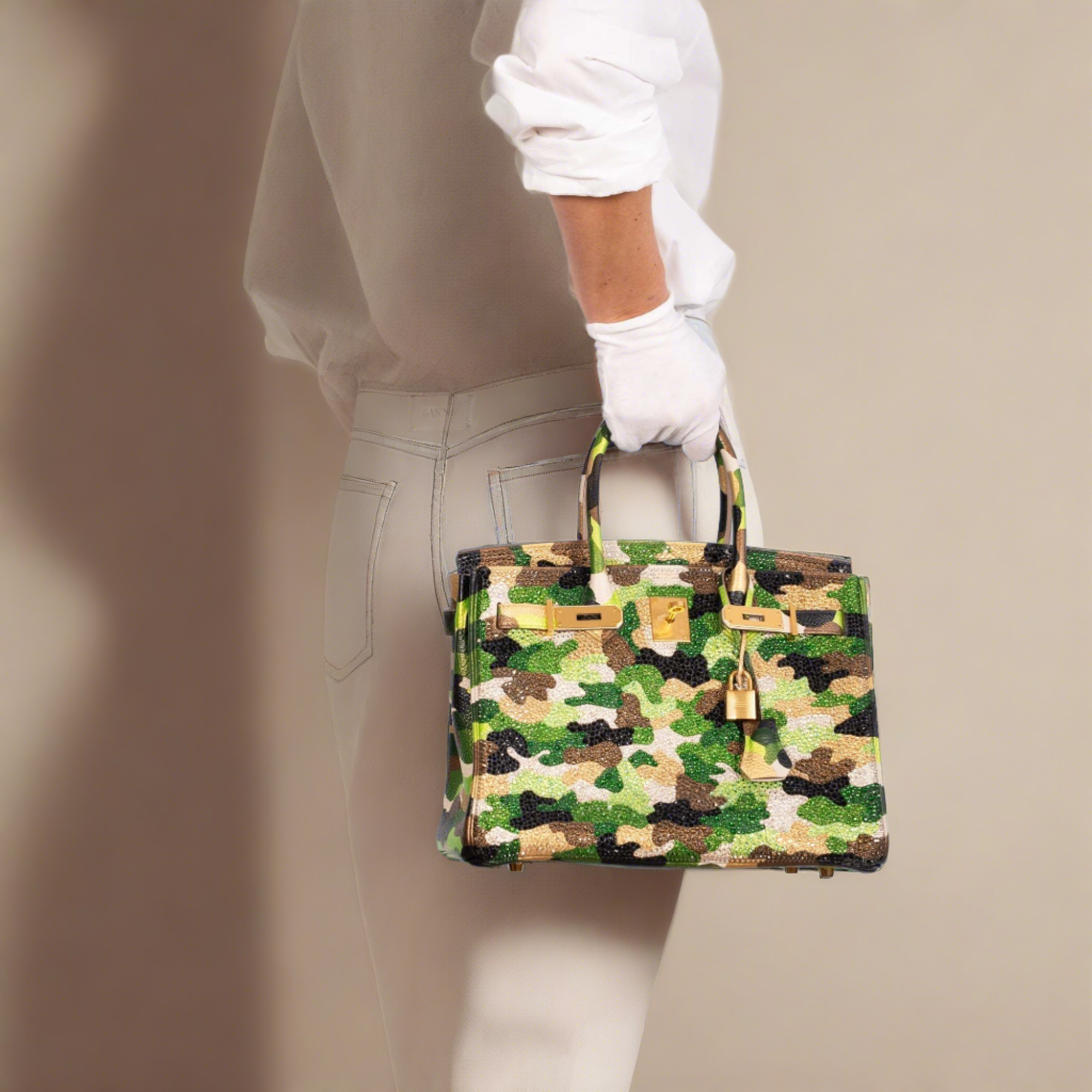 Hermès Custom Swarovski Crystal Camo Birkin 30 Green Togo Gold Hardware