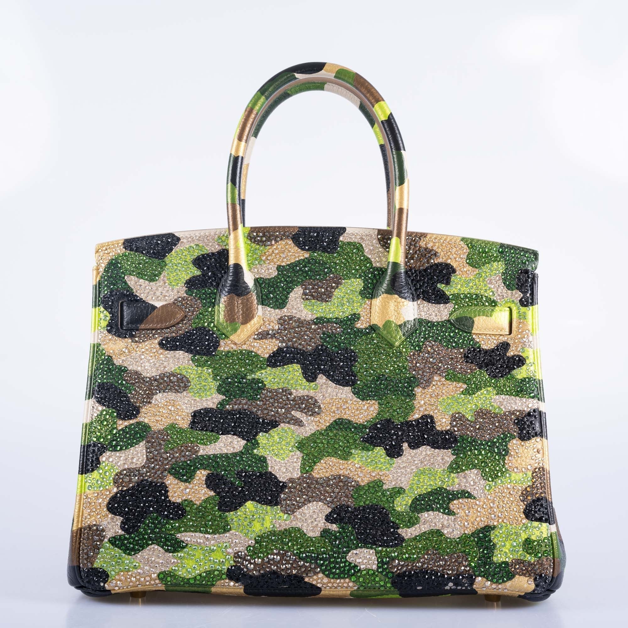Hermès Custom Swarovski Crystal Camo Birkin 30 Green Togo Gold Hardware