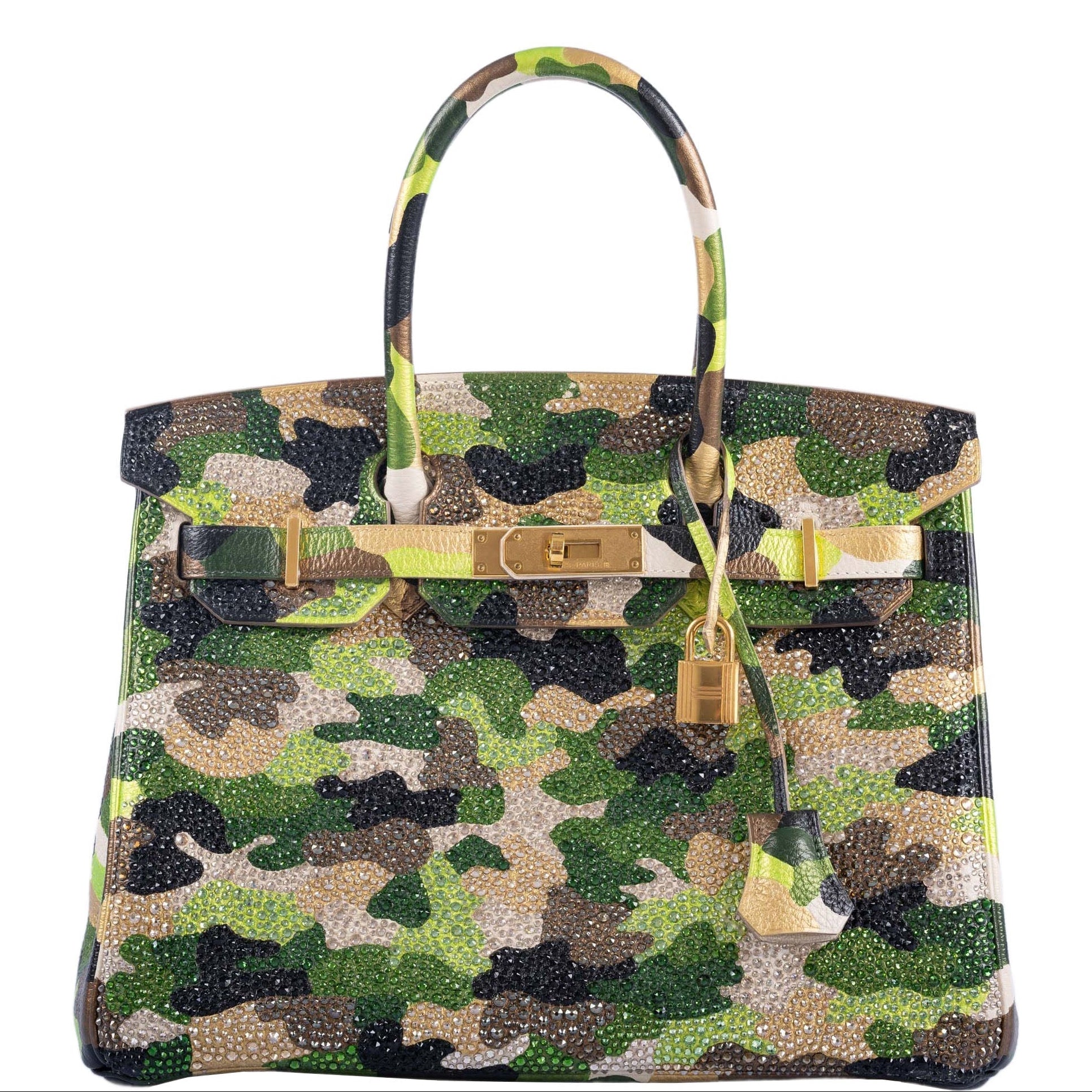 Hermès Custom Swarovski Crystal Camo Birkin 30 Green Togo Gold Hardware