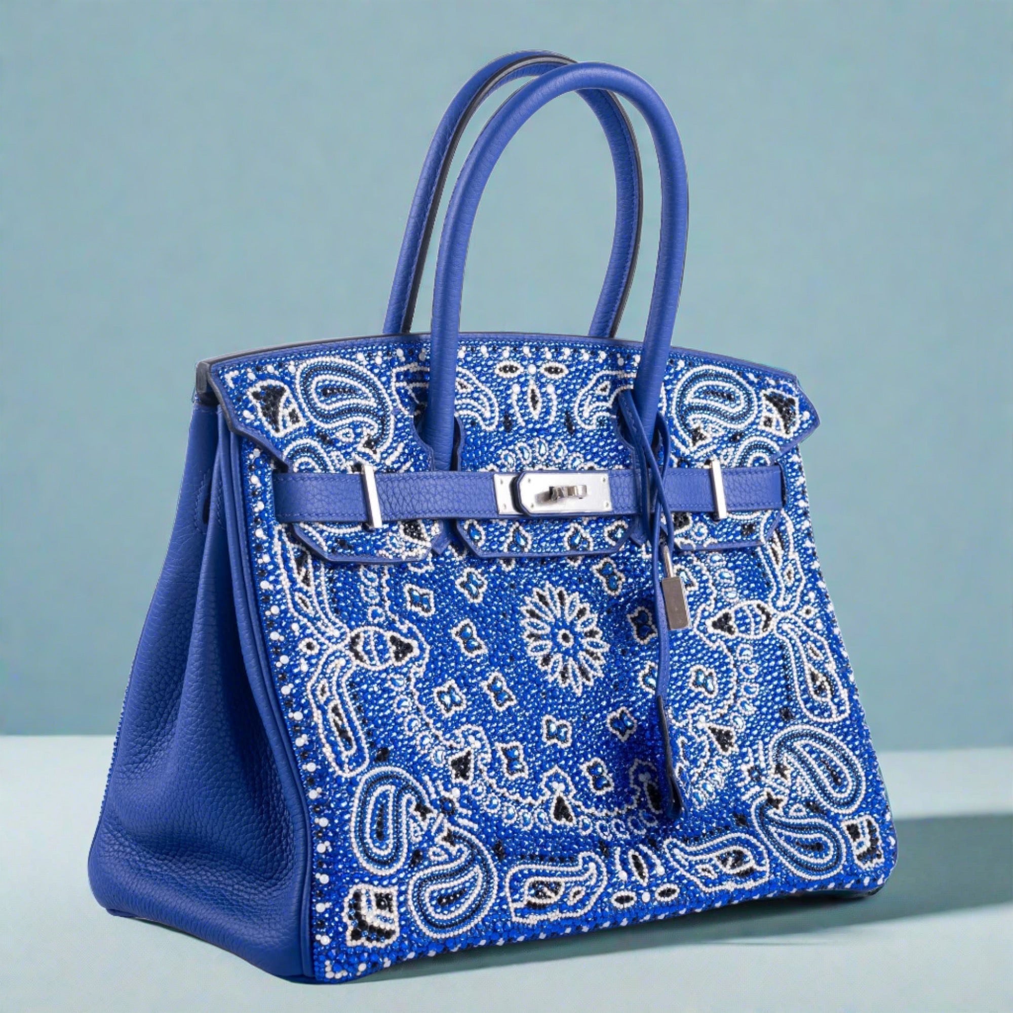 Hermès Custom Swarovski Crystal Cowgirl Bandana Birkin 30 Blue Togo Palladium Hardware