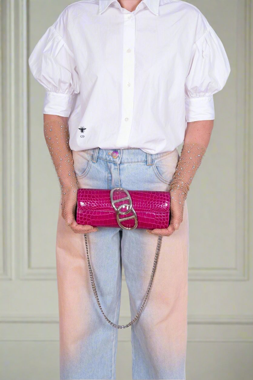 Hermès Egee Clutch Rose Scheherazade Shiny Niloticus Crocodile Palladium Hardware