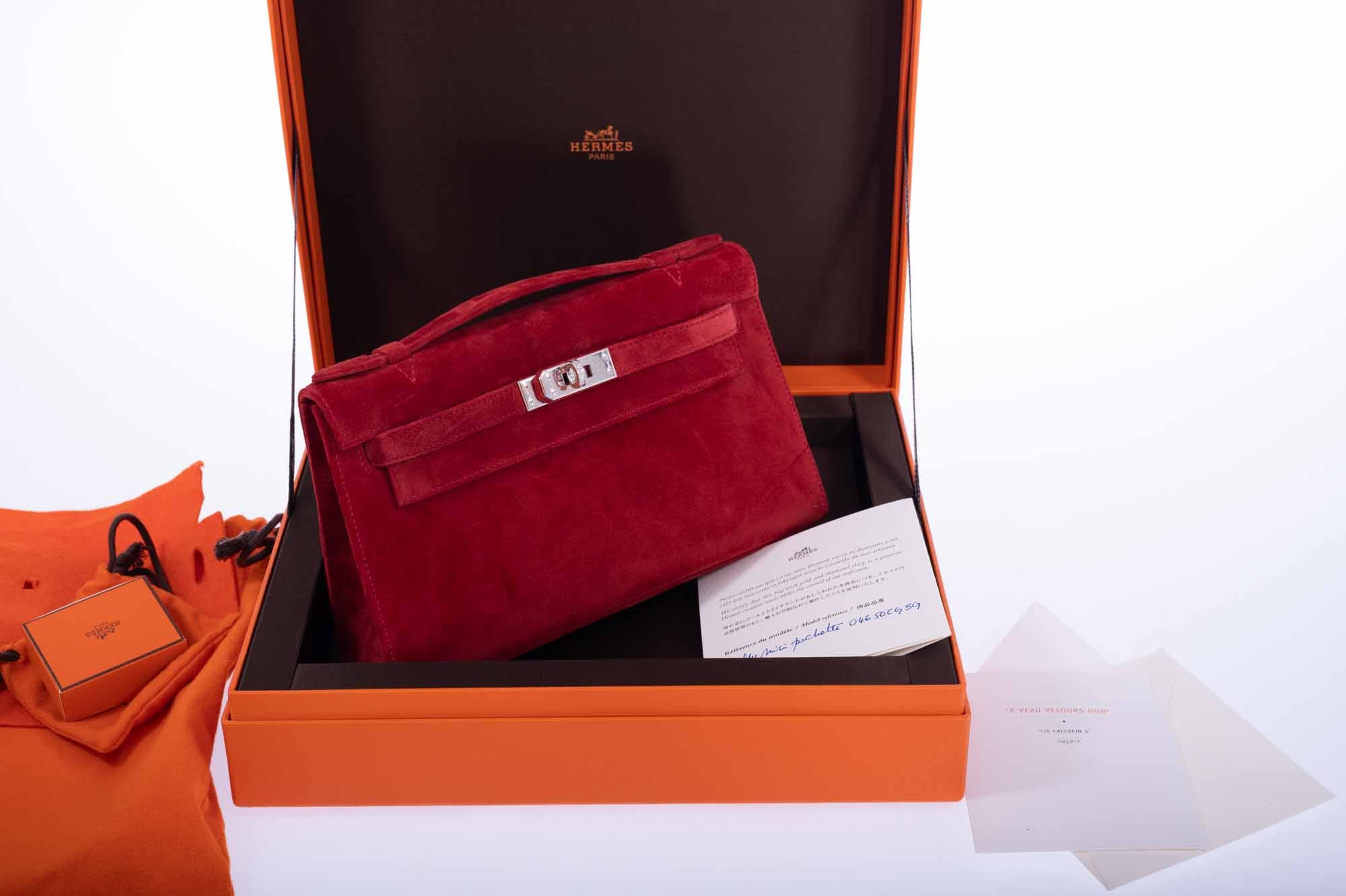 Hermès Exceptional Collection Rubis Veau Doblis Suede Diamond Kelly Pochette with 18k White Gold & Diamond Hardware
