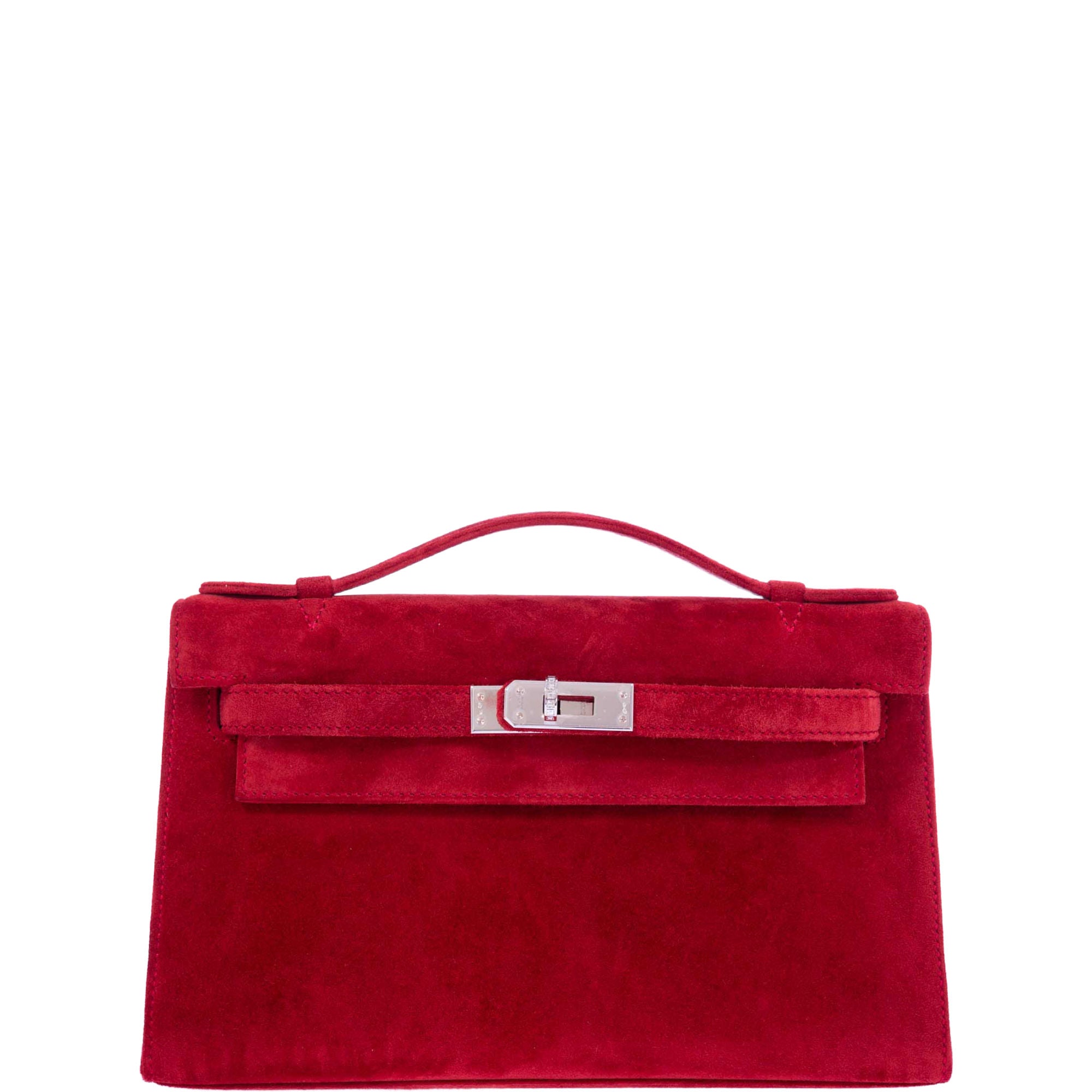 Hermès Exceptional Collection Rubis Veau Doblis Suede Diamond Kelly Pochette with 18k White Gold & Diamond Hardware