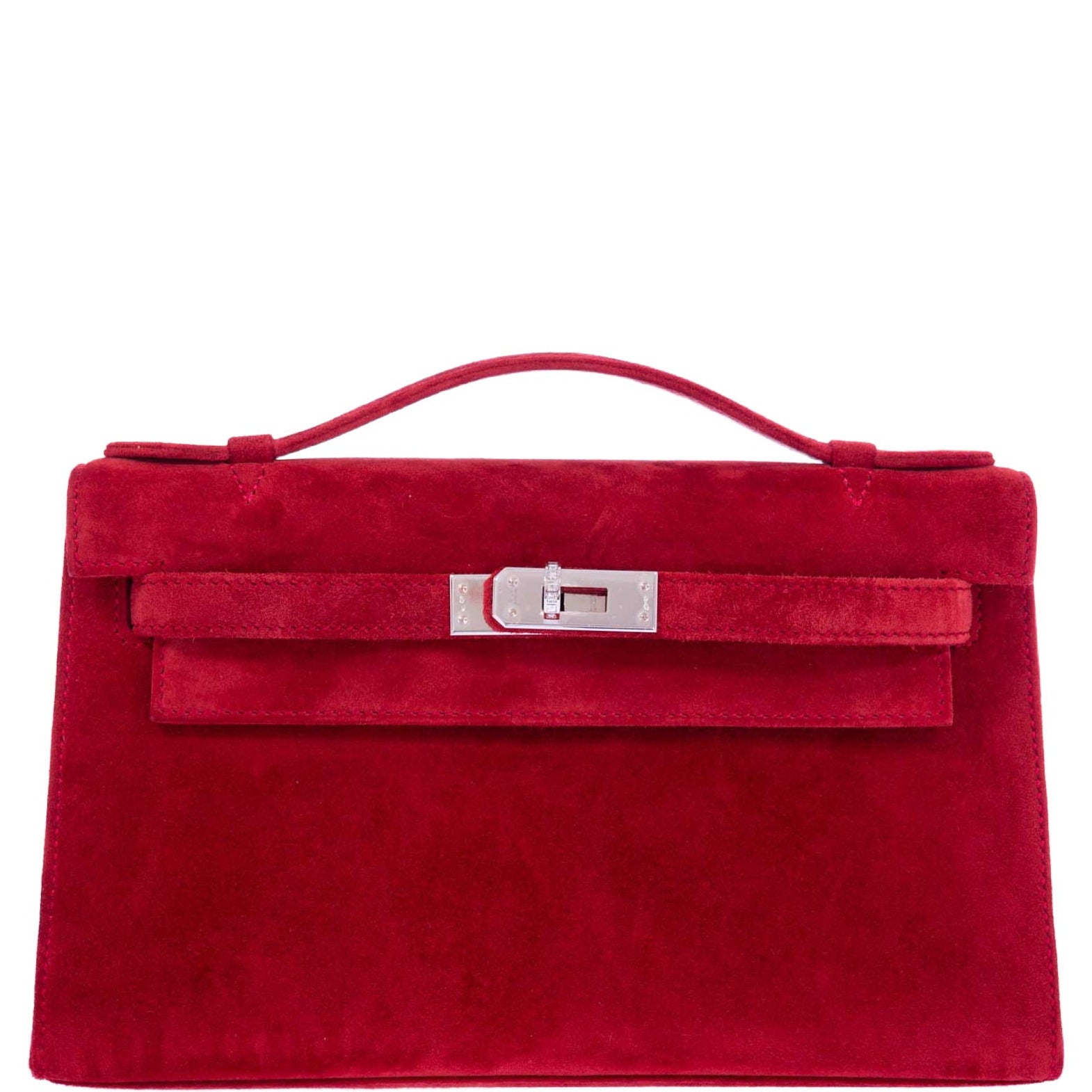 Hermès Exceptional Collection Rubis Veau Doblis Suede Diamond Kelly Pochette with 18k White Gold & Diamond Hardware