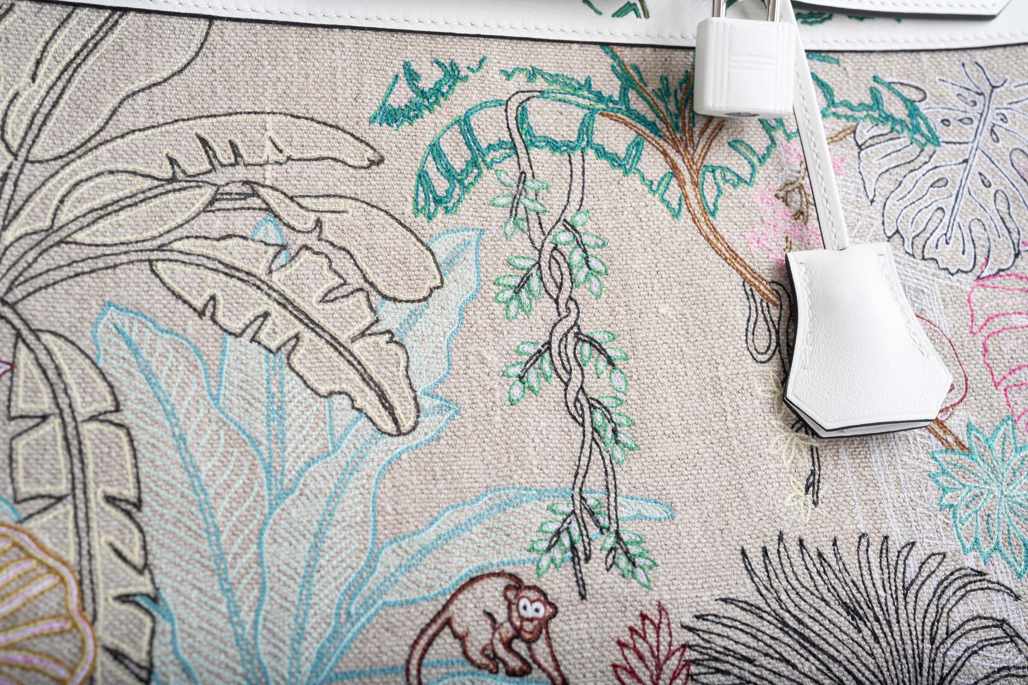Hermès Faubourg Tropical Birkin 35 Embroidered Toile de Camp and White Swift Palladium Hardware