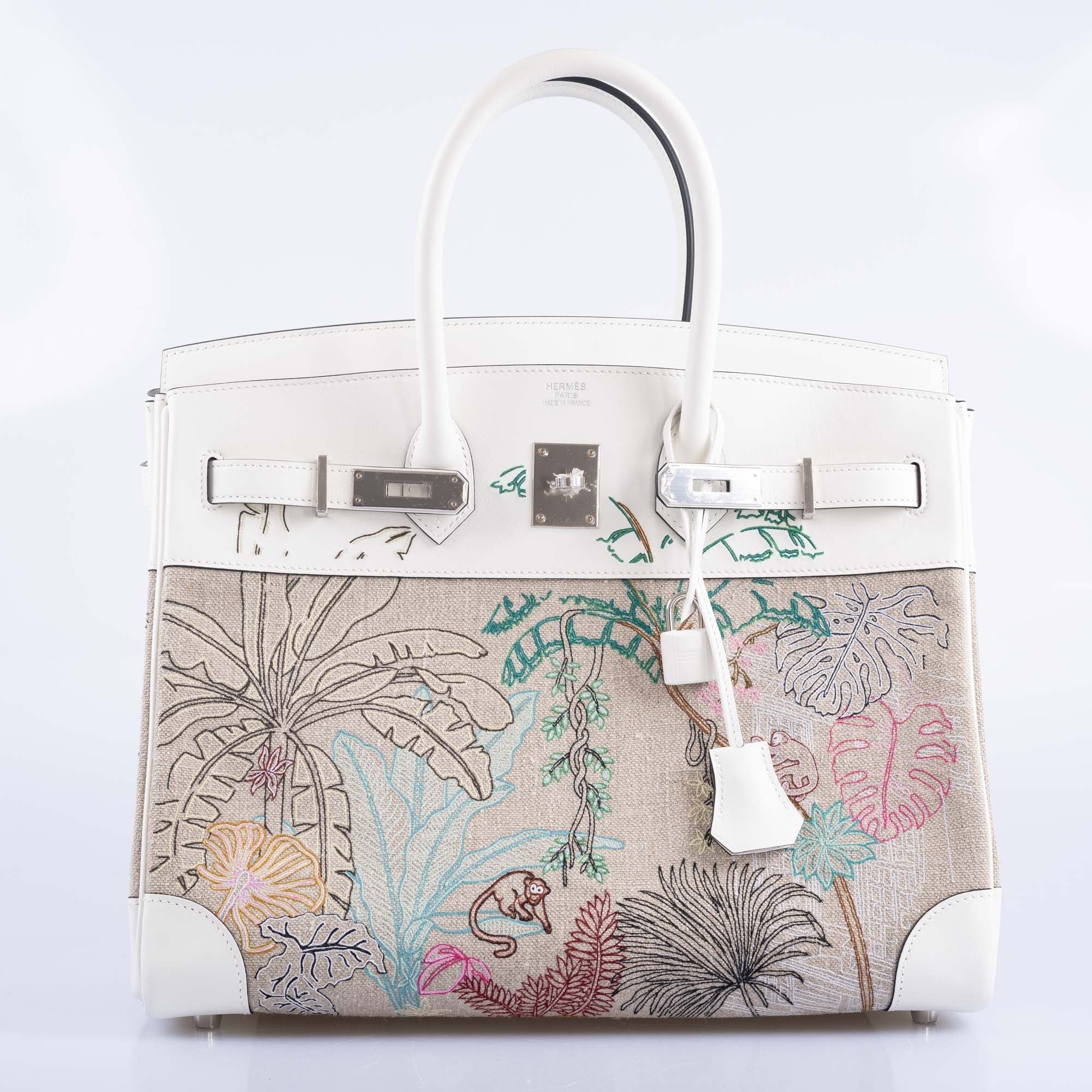Hermès Faubourg Tropical Birkin 35 Embroidered Toile de Camp and White Swift Palladium Hardware