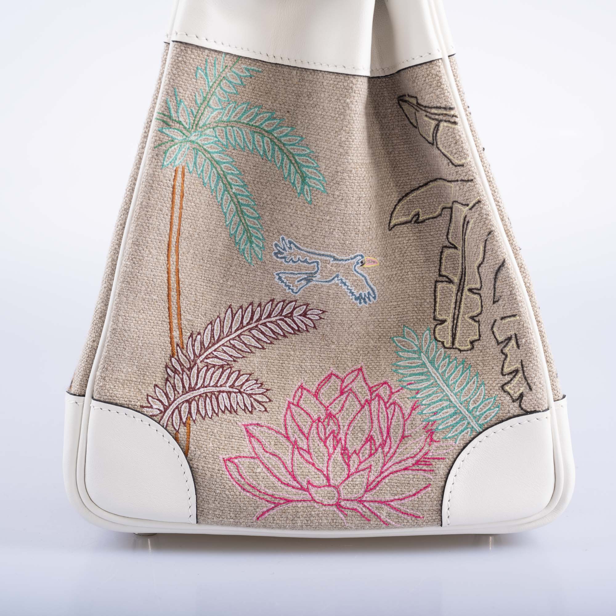 Hermès Faubourg Tropical Birkin 35 Embroidered Toile de Camp and White Swift Palladium Hardware