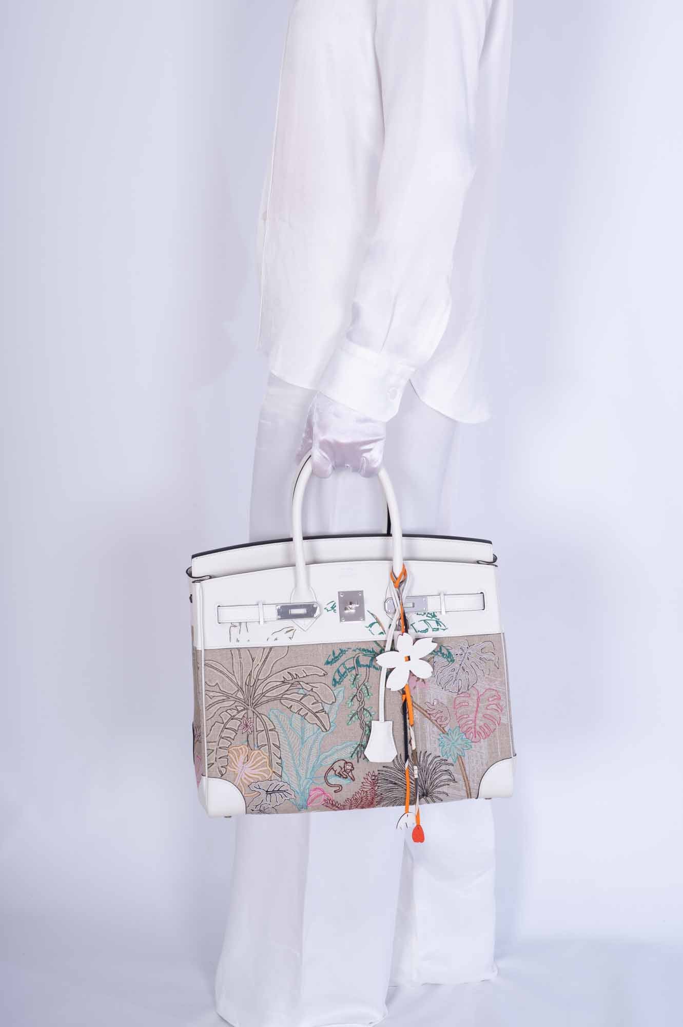 Hermès Faubourg Tropical Birkin 35 Embroidered Toile de Camp and White Swift Palladium Hardware