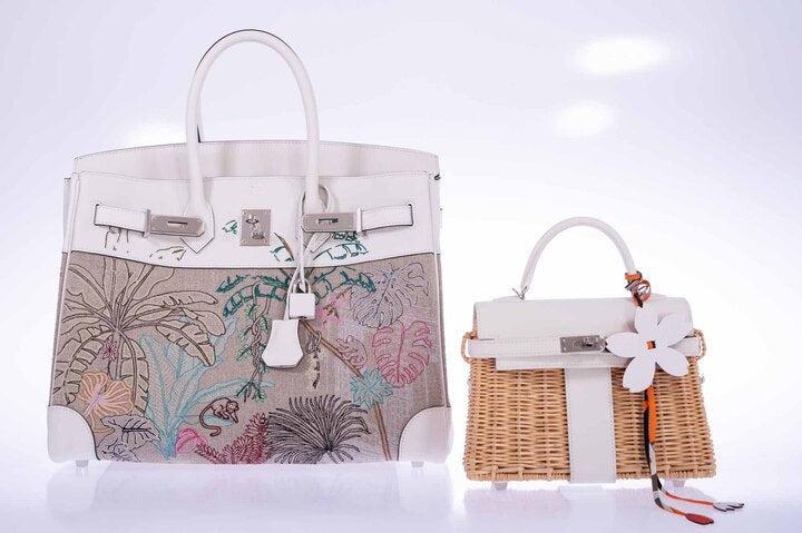 Hermès Faubourg Tropical Birkin 35 Embroidered Toile de Camp and White Swift Palladium Hardware