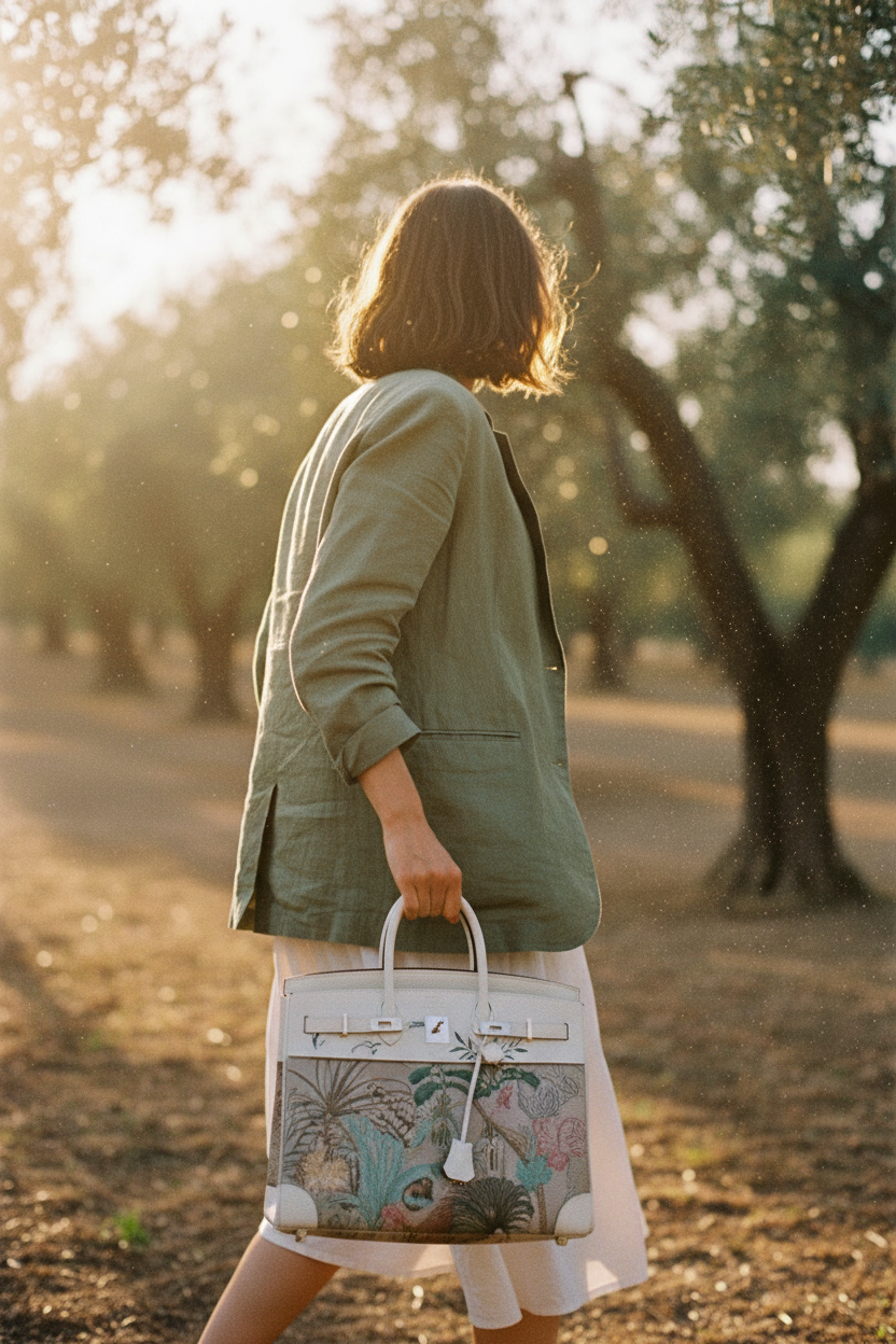 Hermès Faubourg Tropical Birkin 35 Embroidered Toile de Camp and White Swift Palladium Hardware