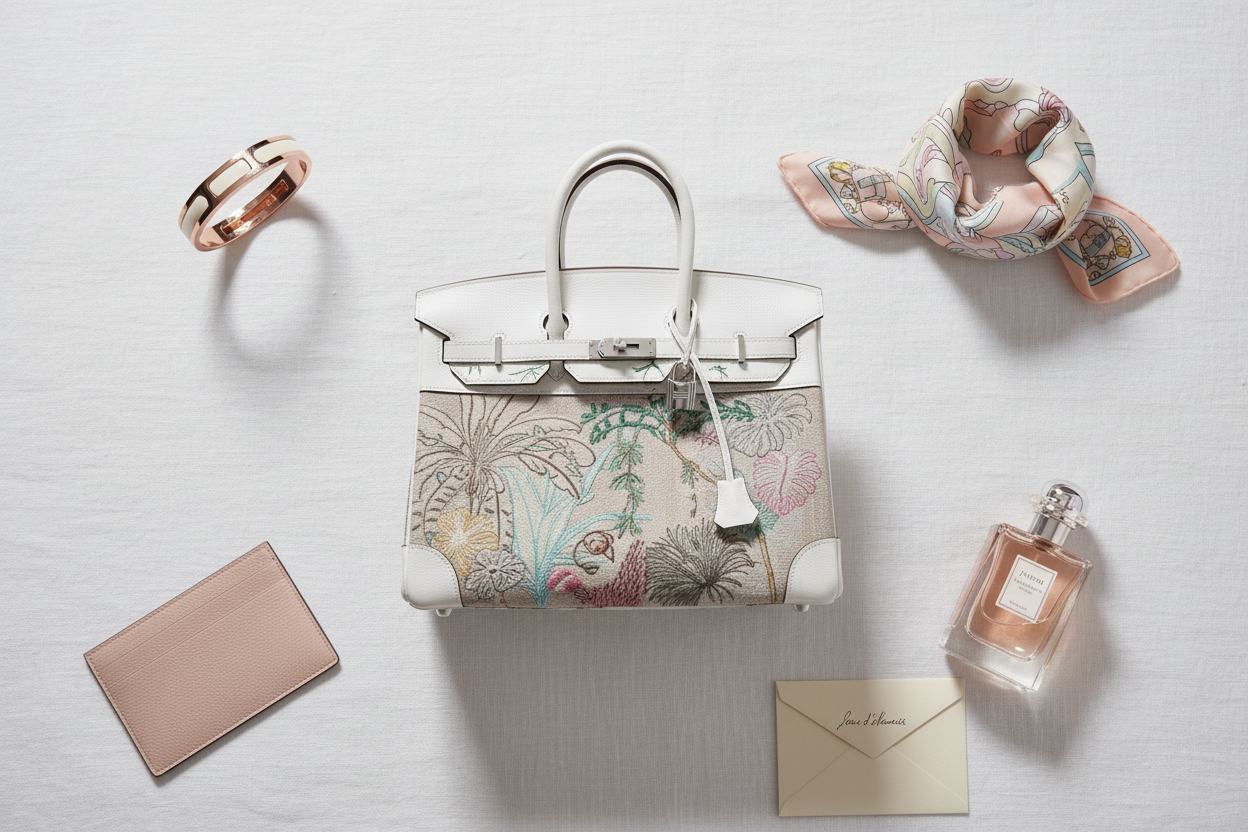 Hermès Faubourg Tropical Birkin 35 Embroidered Toile de Camp and White Swift Palladium Hardware