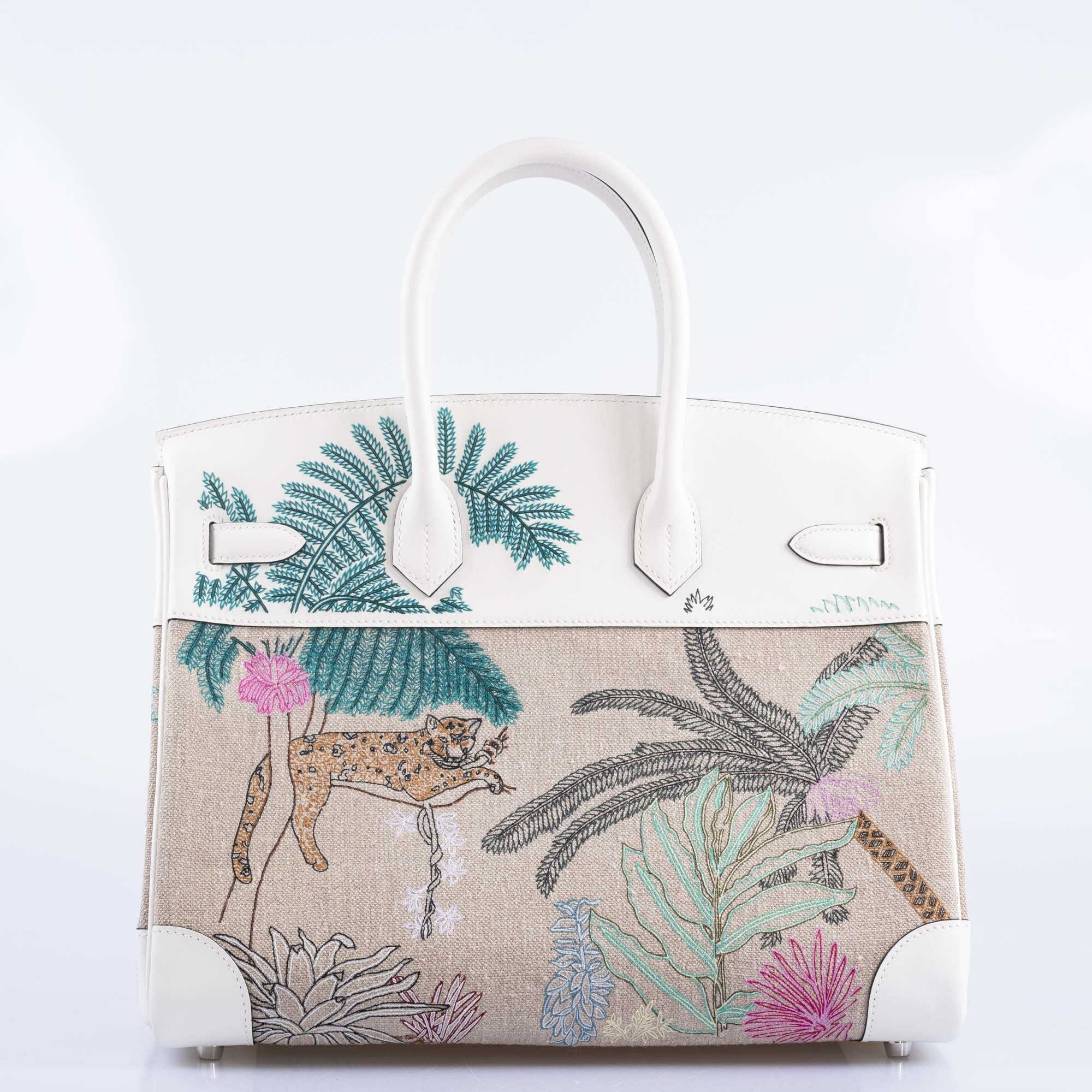 Hermès Faubourg Tropical Birkin 35 Embroidered Toile de Camp and White Swift Palladium Hardware