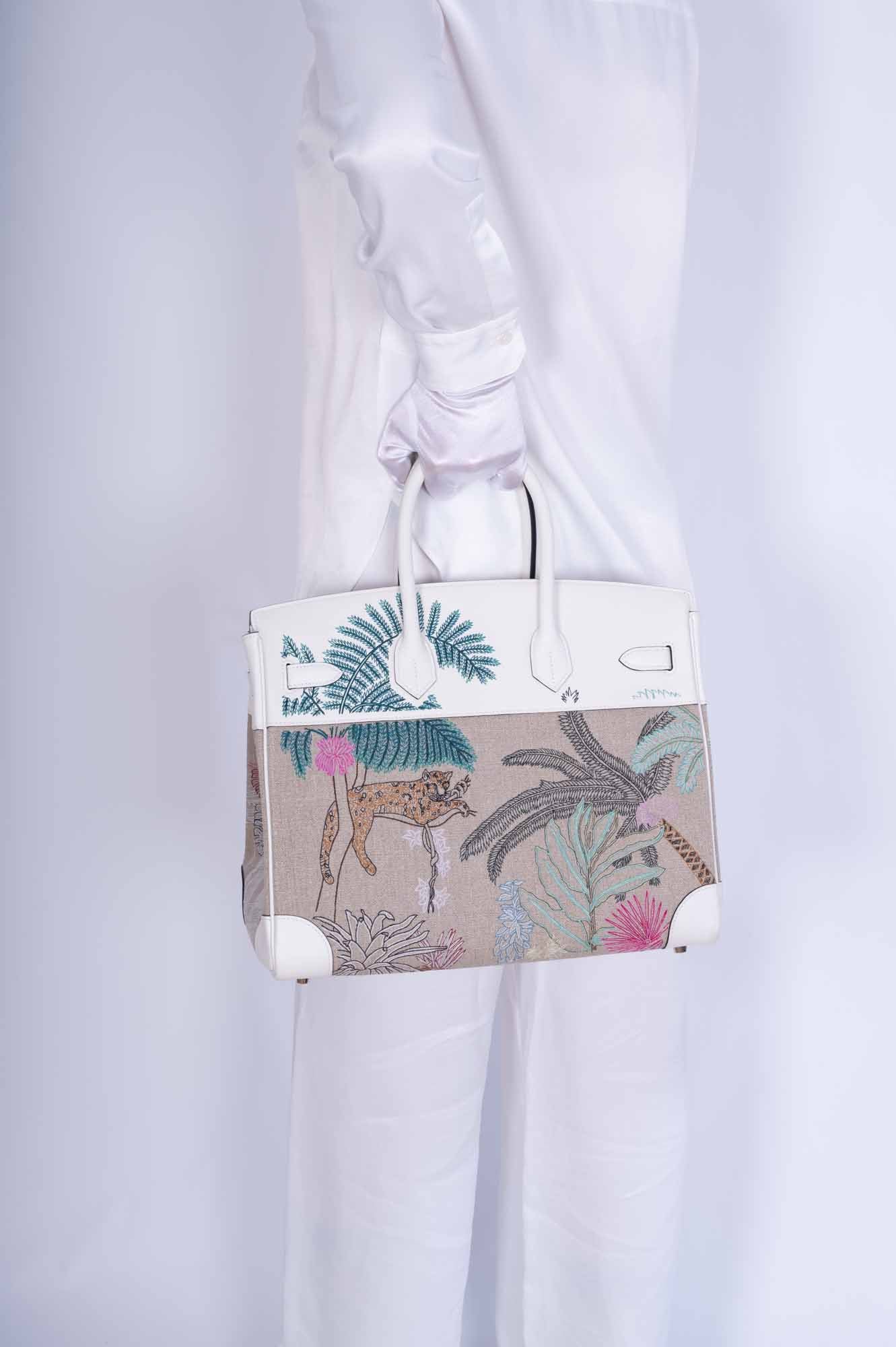 Hermès Faubourg Tropical Birkin 35 Embroidered Toile de Camp and White Swift Palladium Hardware