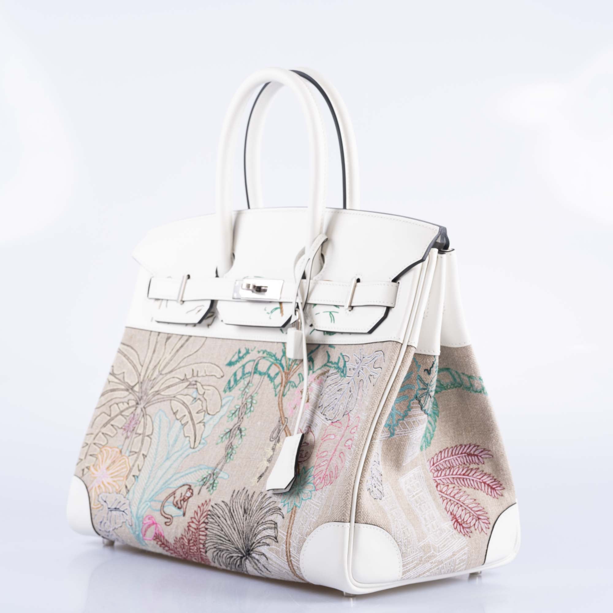 Hermes Faubourg Tropical Birkin 35 Embroidered Toile de Camp and White Swift Palladium Hardware