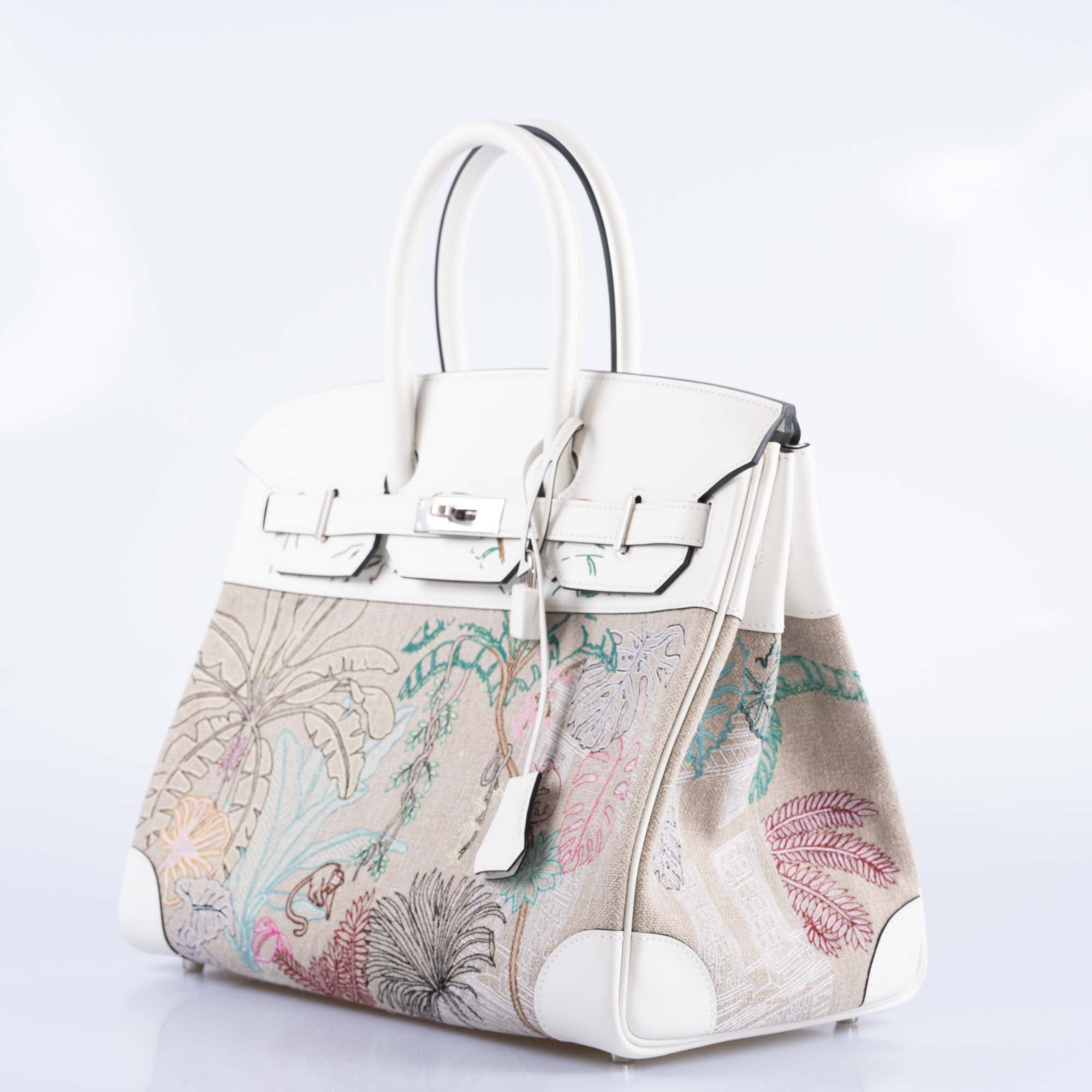 Hermès Faubourg Tropical Birkin 35 Embroidered Toile de Camp and White Swift Palladium Hardware