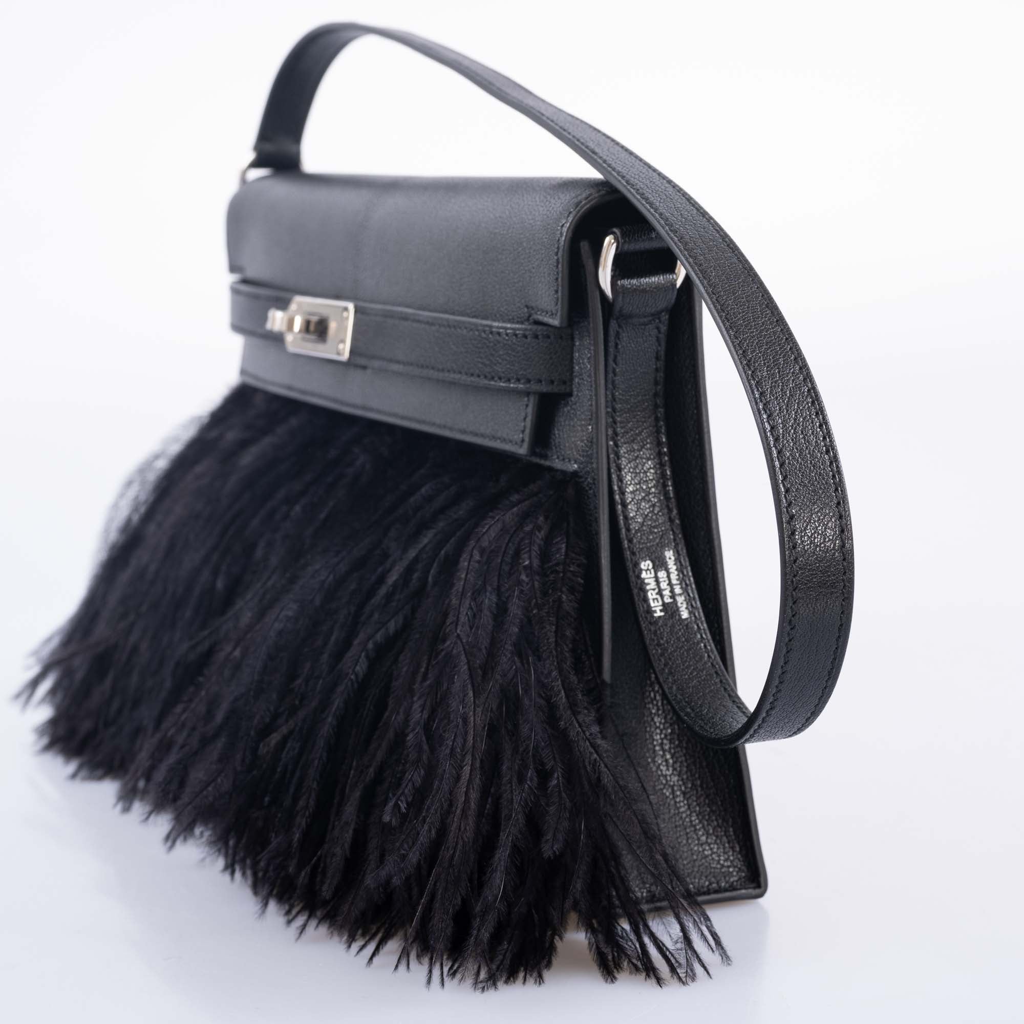 Hermès Feather Kelly Elan Black Chevre and Ostrich Feathers Palladium Hardware