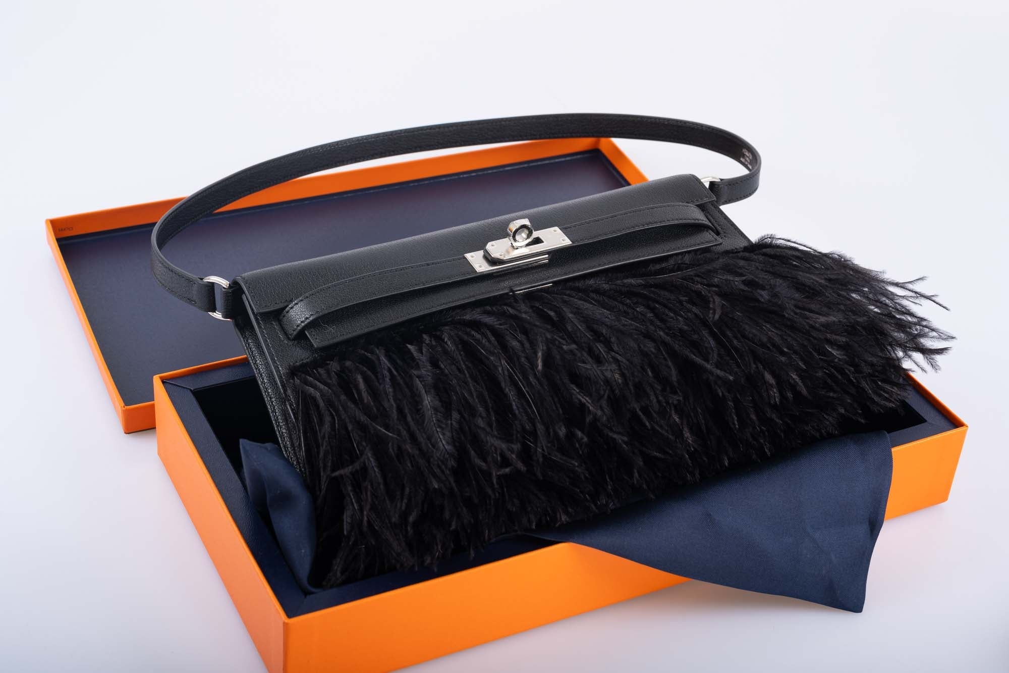 Hermès Feather Kelly Elan Black Chevre and Ostrich Feathers Palladium Hardware