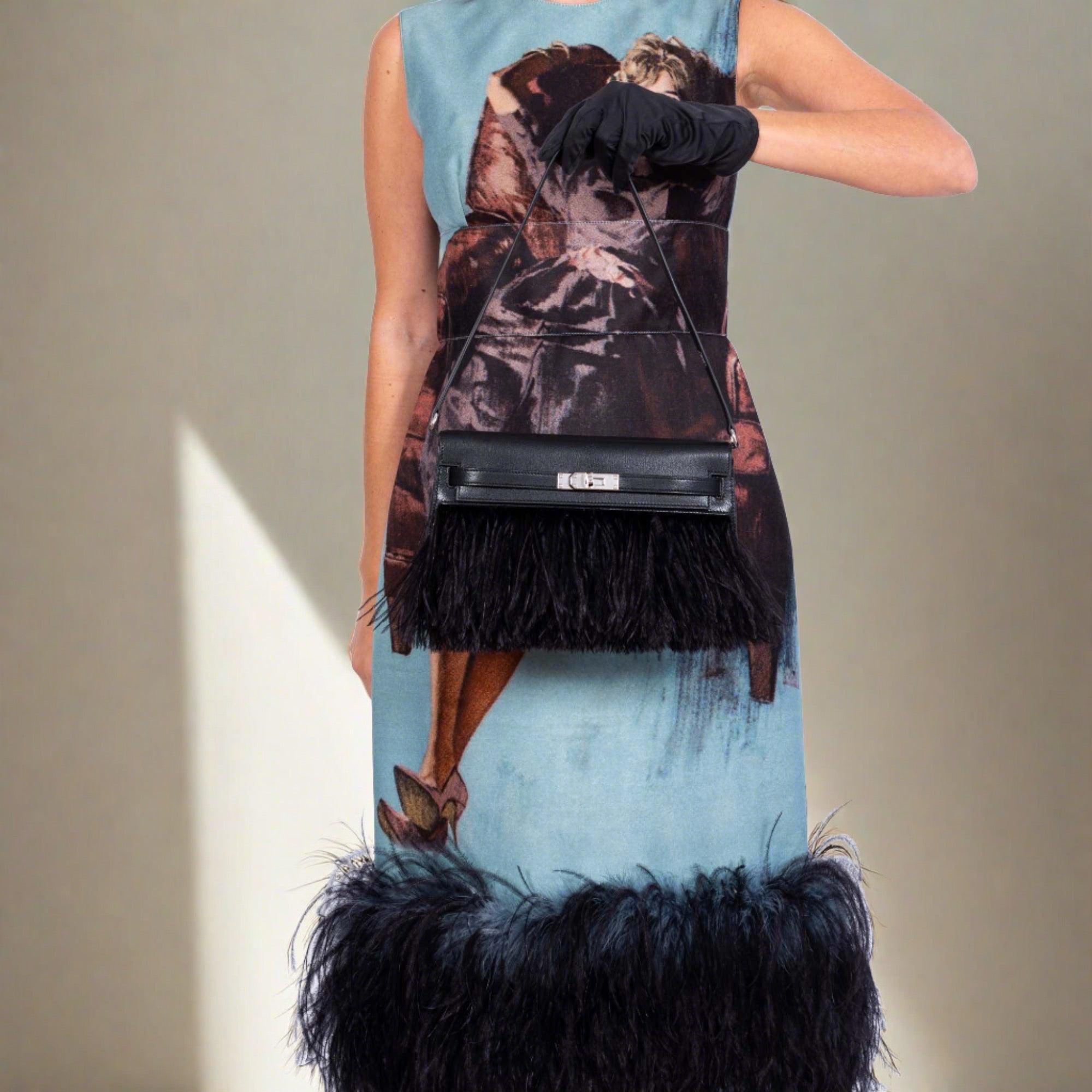 Hermès Feather Kelly Elan Black Chevre and Ostrich Feathers Palladium Hardware