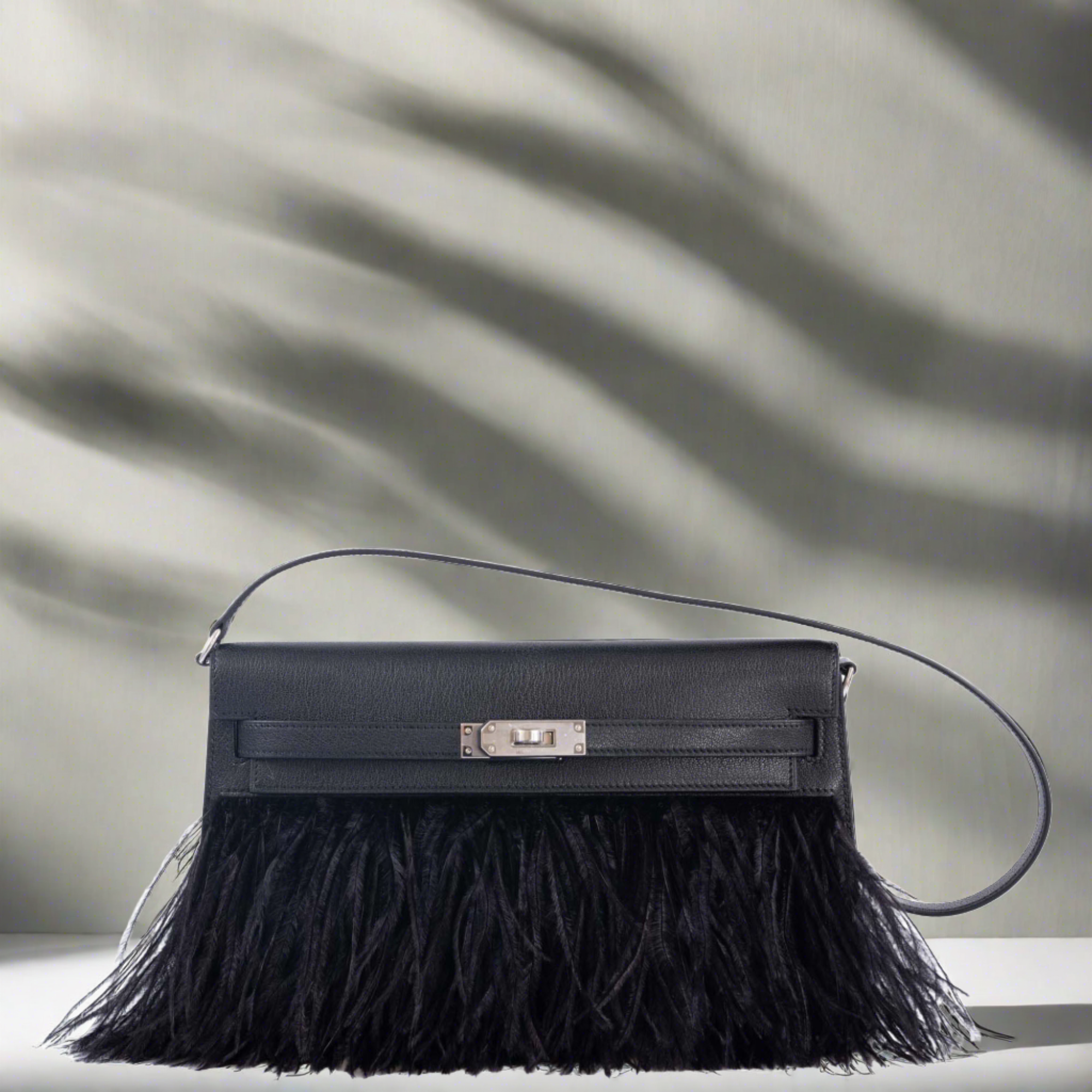 Hermès Feather Kelly Elan Black Chevre and Ostrich Feathers Palladium Hardware
