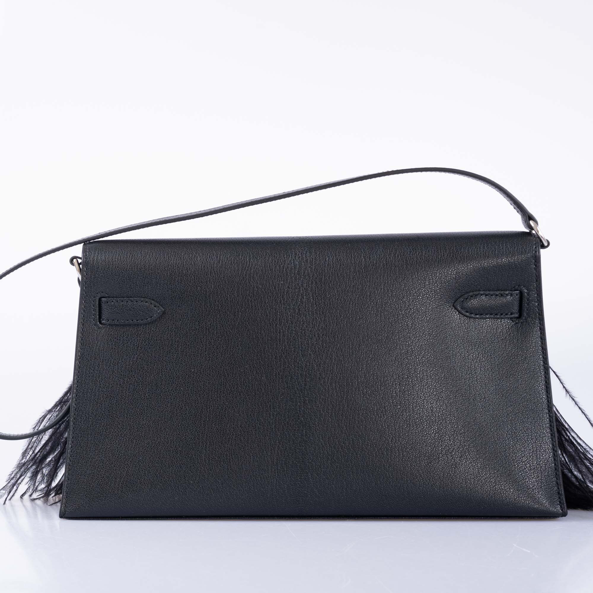Hermès Feather Kelly Elan Black Chevre and Ostrich Feathers Palladium Hardware