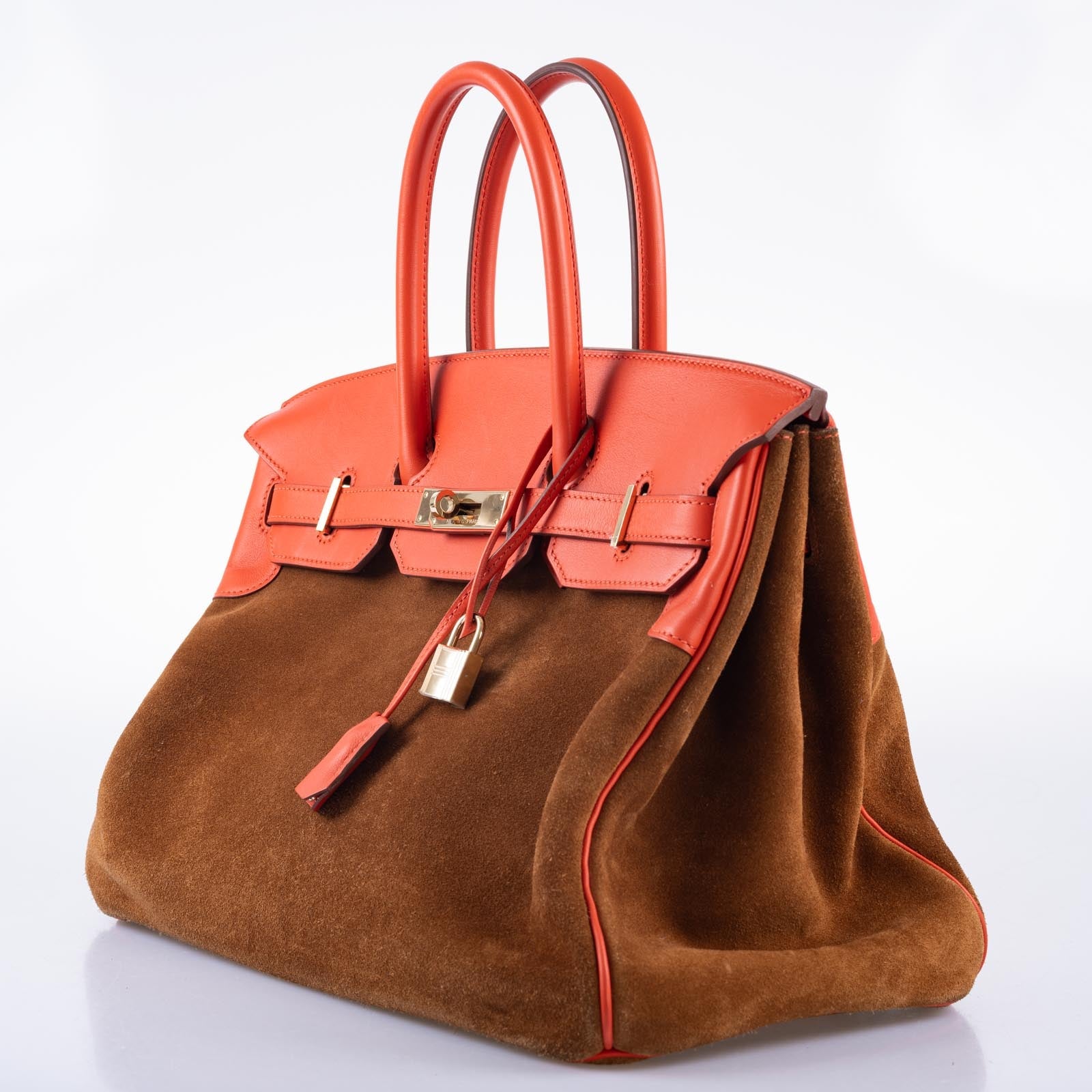 Hermès Grizzly Birkin 35 Capucine Evercolor and Fauve Suede Permabrass Hardware