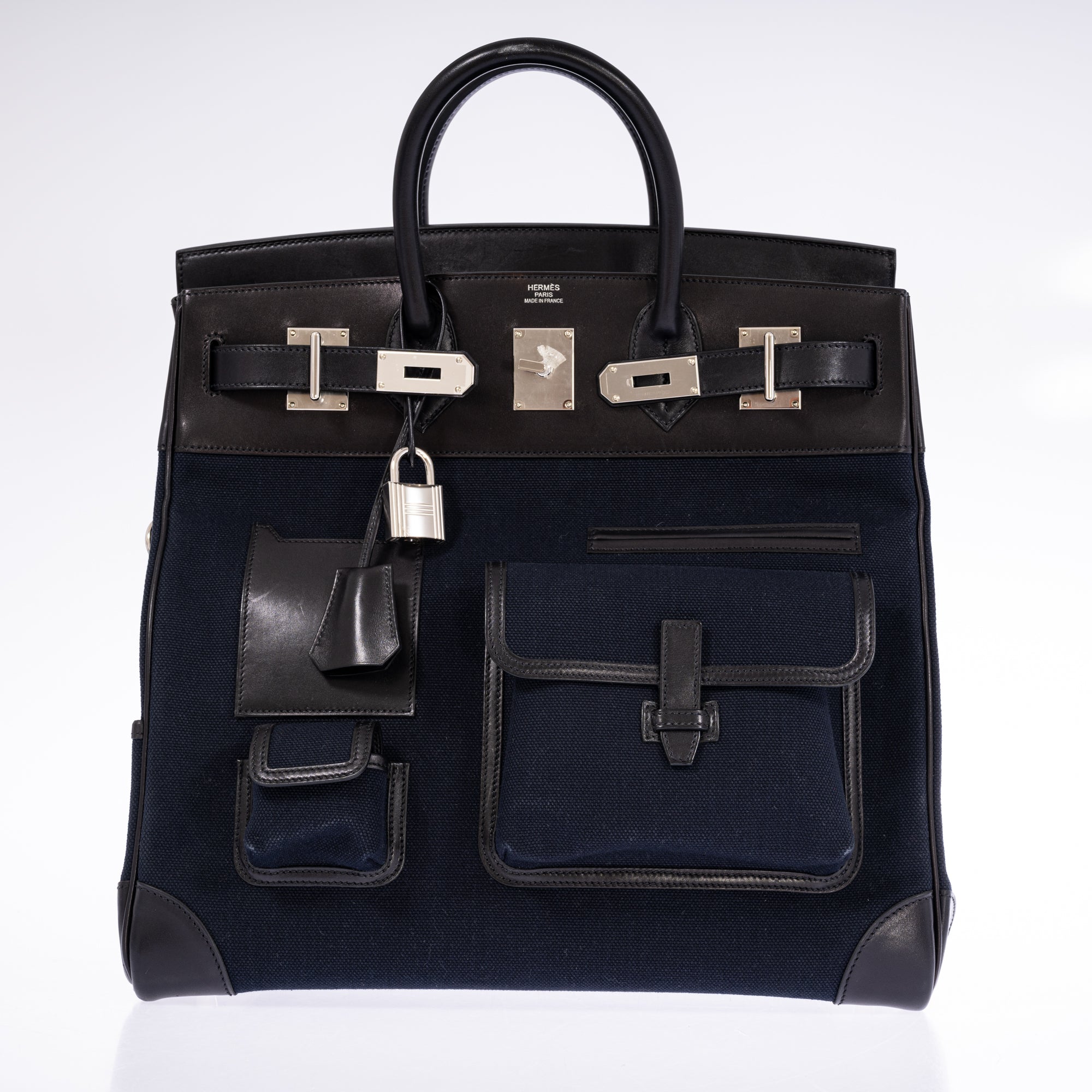 Hermès HAC 40 Cargo Bleu Marine Toile Black Box Calf Palladium Hardware