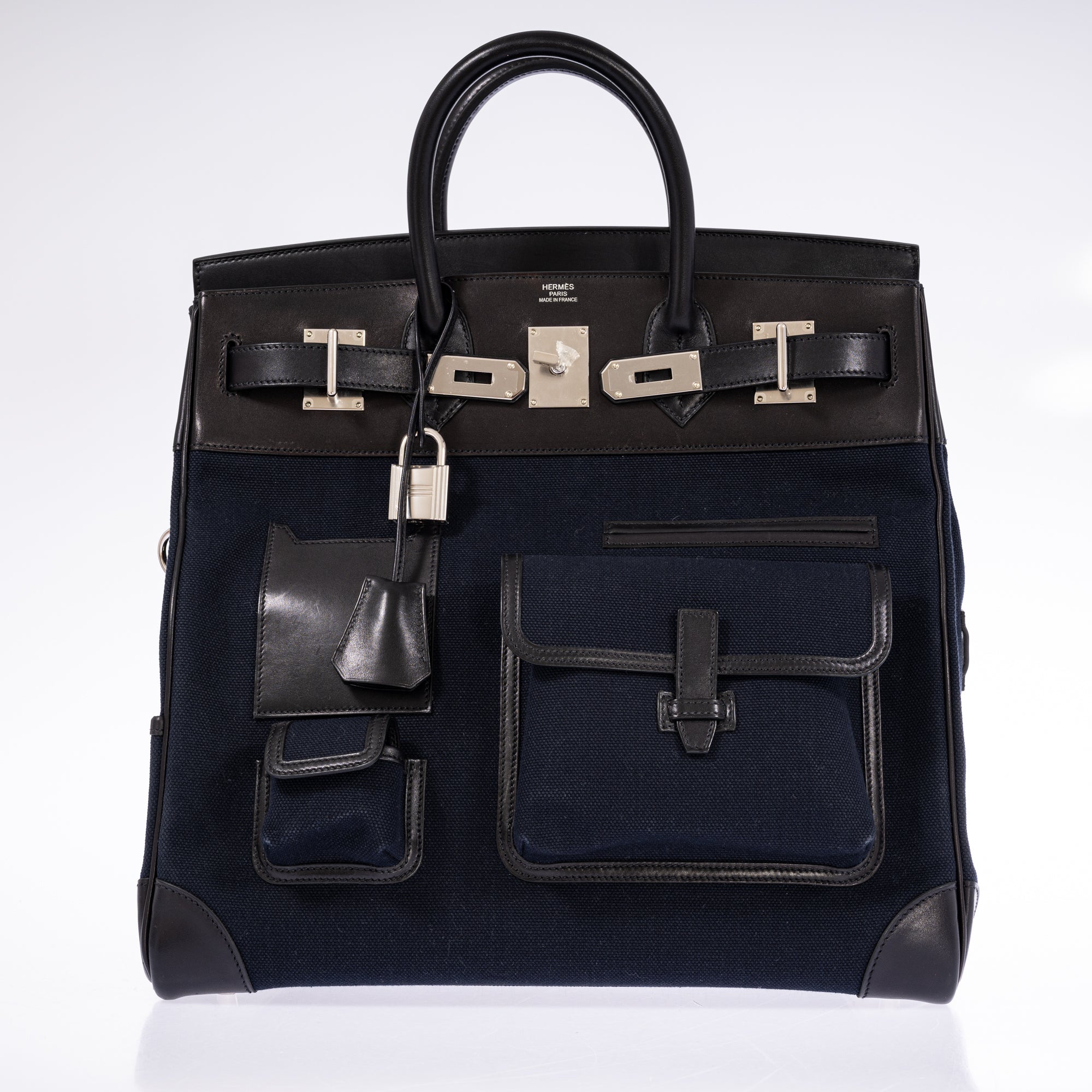 Hermès HAC 40 Cargo Bleu Marine Toile Black Box Calf Palladium Hardware