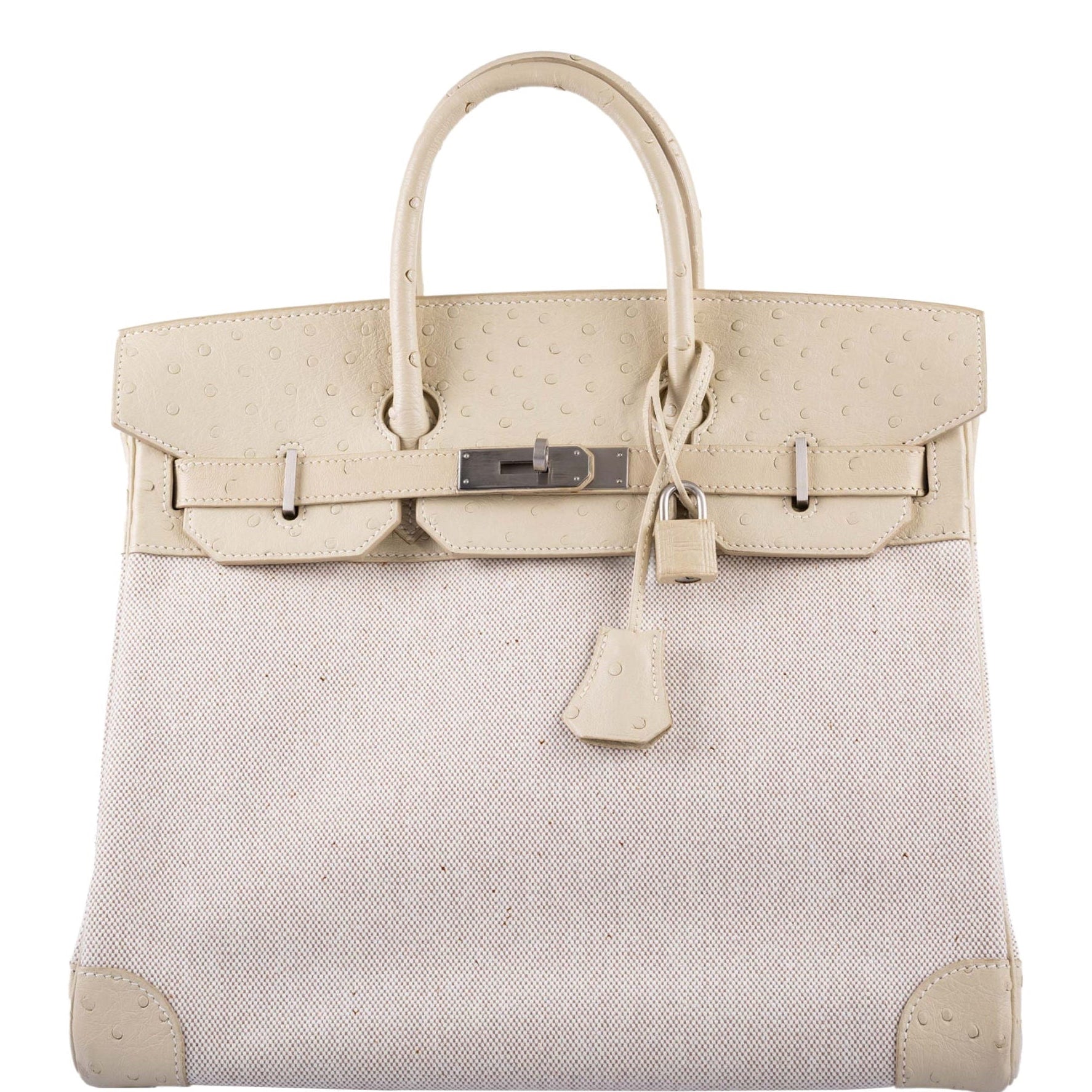 Hermès HAC Birkin 32 Parchemin Ostrich & Toile Palladium Hardware