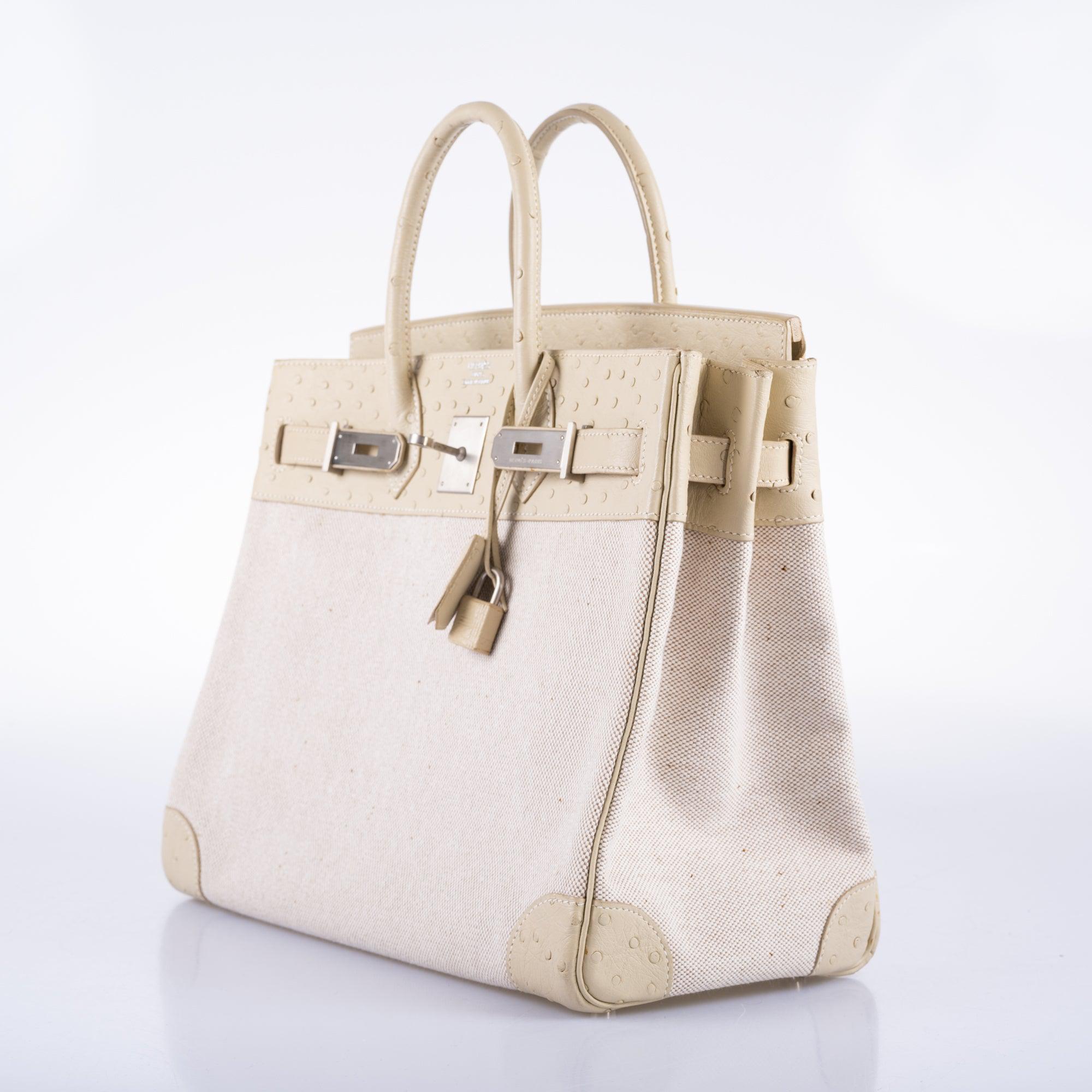 Hermès HAC Birkin 32 Parchemin Ostrich and Toile Brushed Palladium Hardware