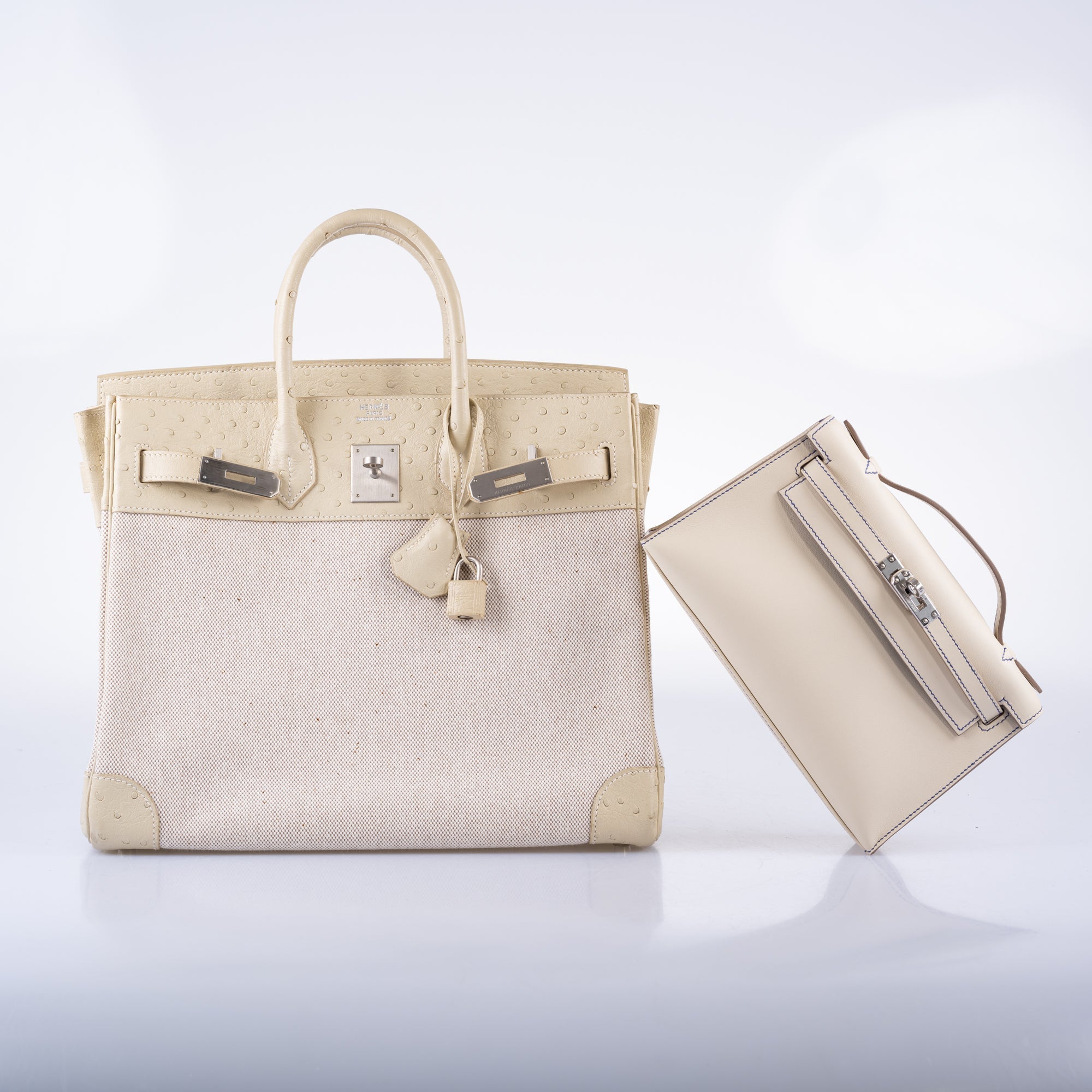 Hermès HAC Birkin 32 Parchemin Ostrich and Toile Brushed Palladium Hardware