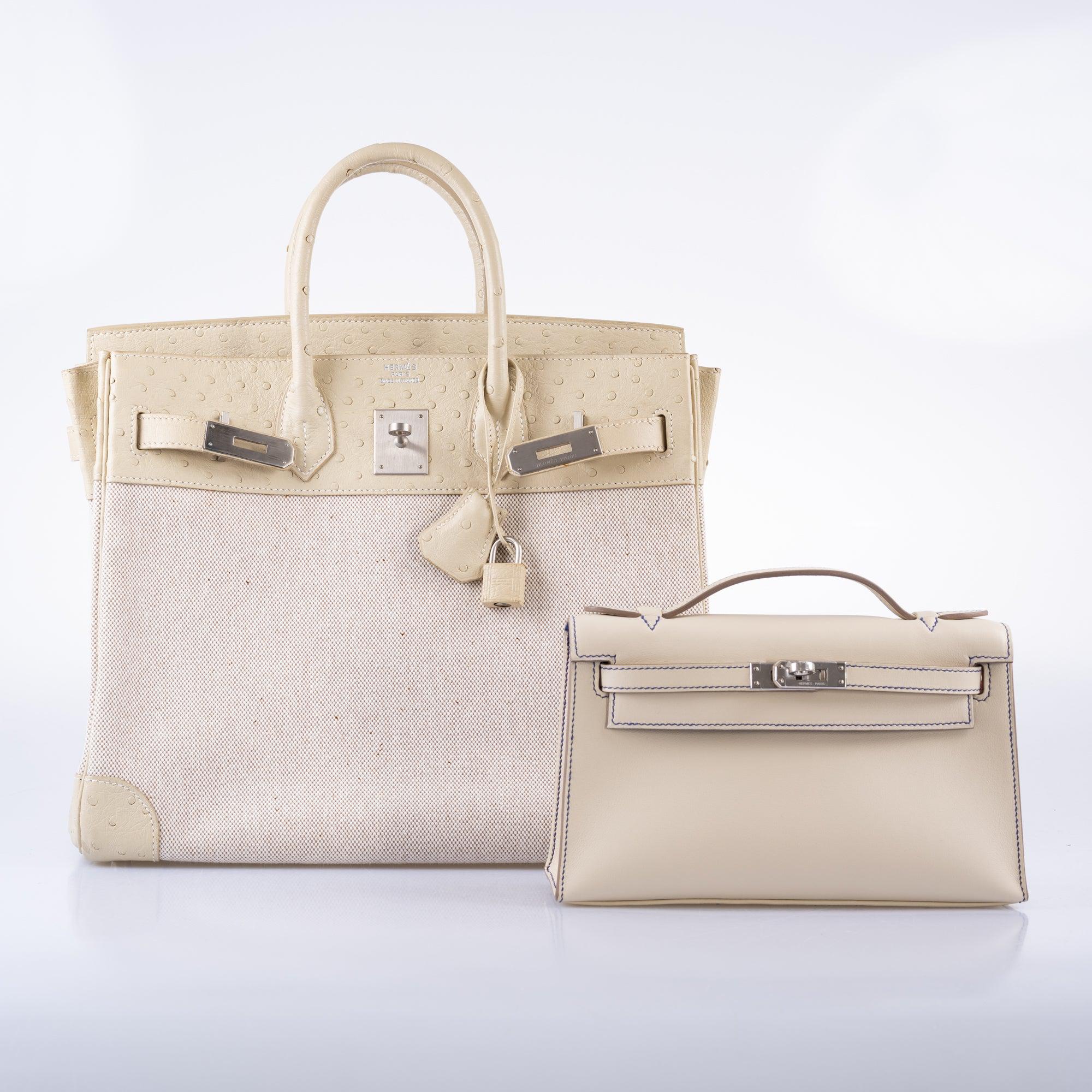 Hermès HAC Birkin 32 Parchemin Ostrich and Toile Brushed Palladium Hardware