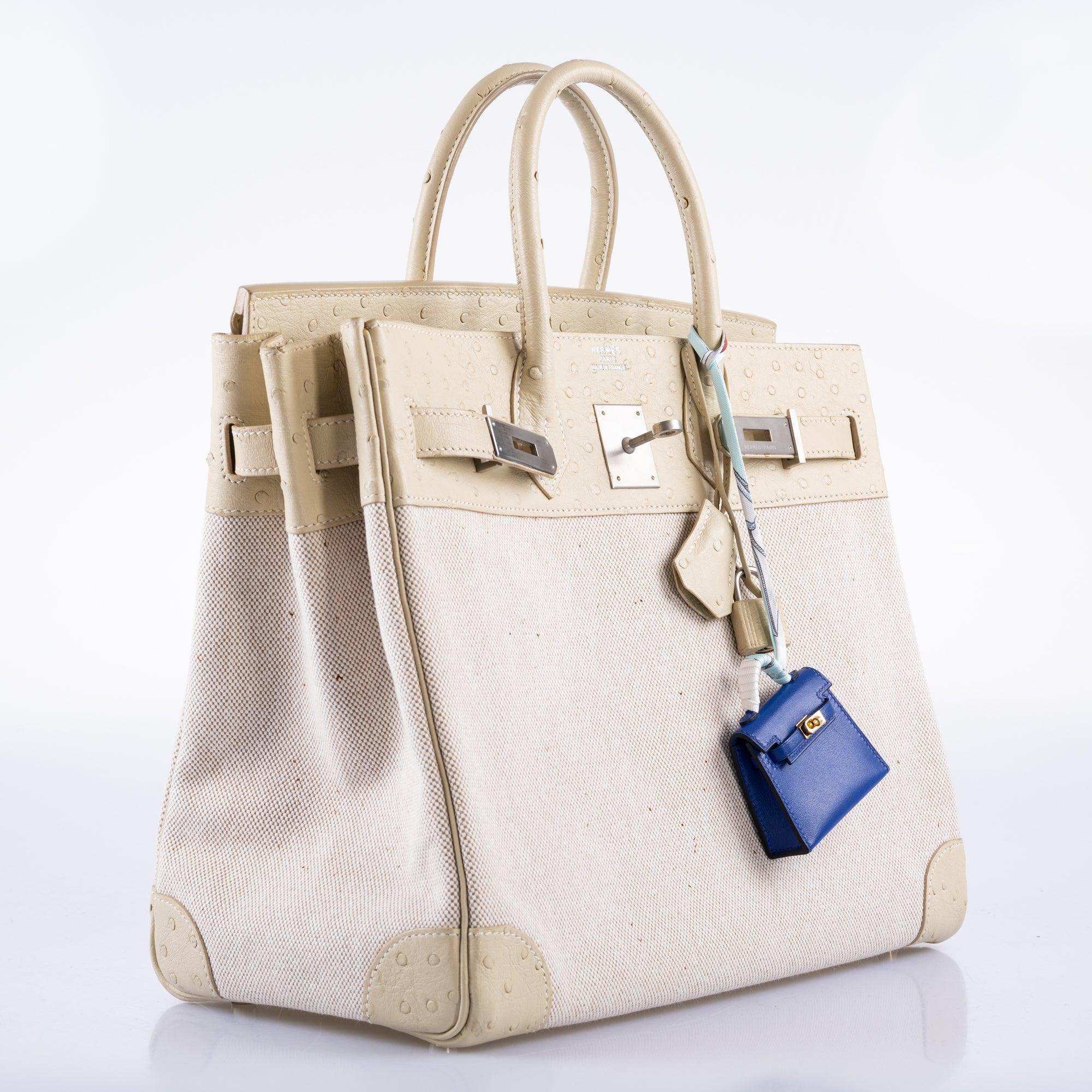 Hermès HAC Birkin 32 Parchemin Ostrich and Toile Brushed Palladium Hardware