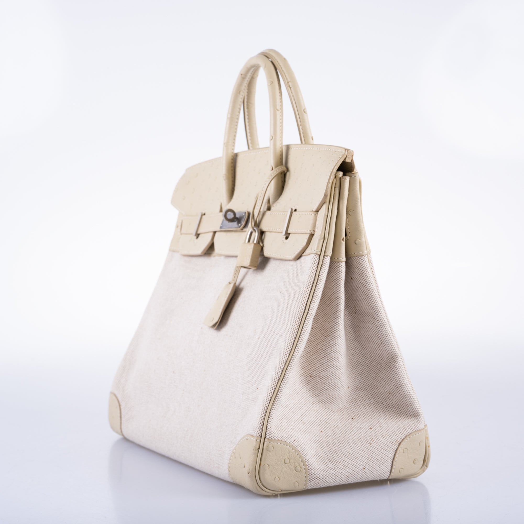 Hermès HAC Birkin 32 Parchemin Ostrich and Toile Brushed Palladium Hardware