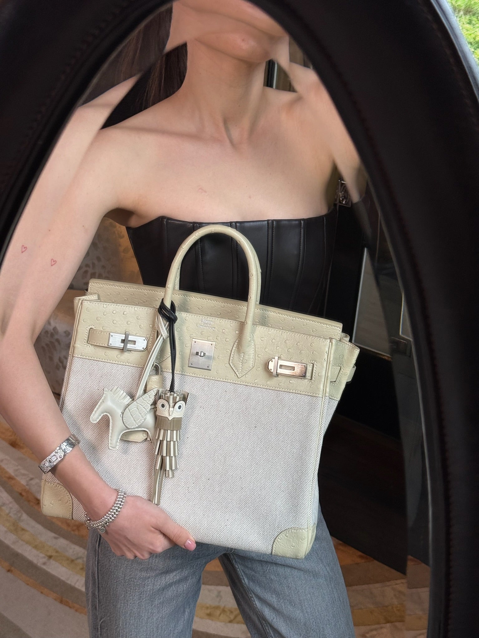 Hermès HAC Birkin 32 Parchemin Ostrich and Toile Brushed Palladium Hardware