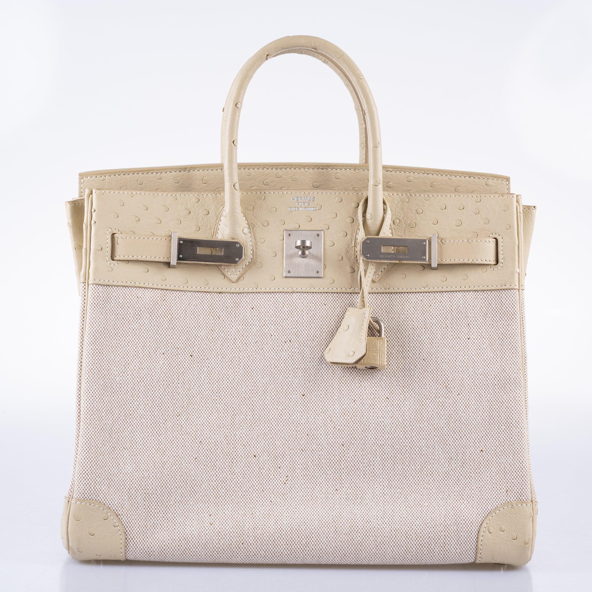 Hermès HAC Birkin 32 Parchemin Ostrich and Toile Brushed Palladium Hardware