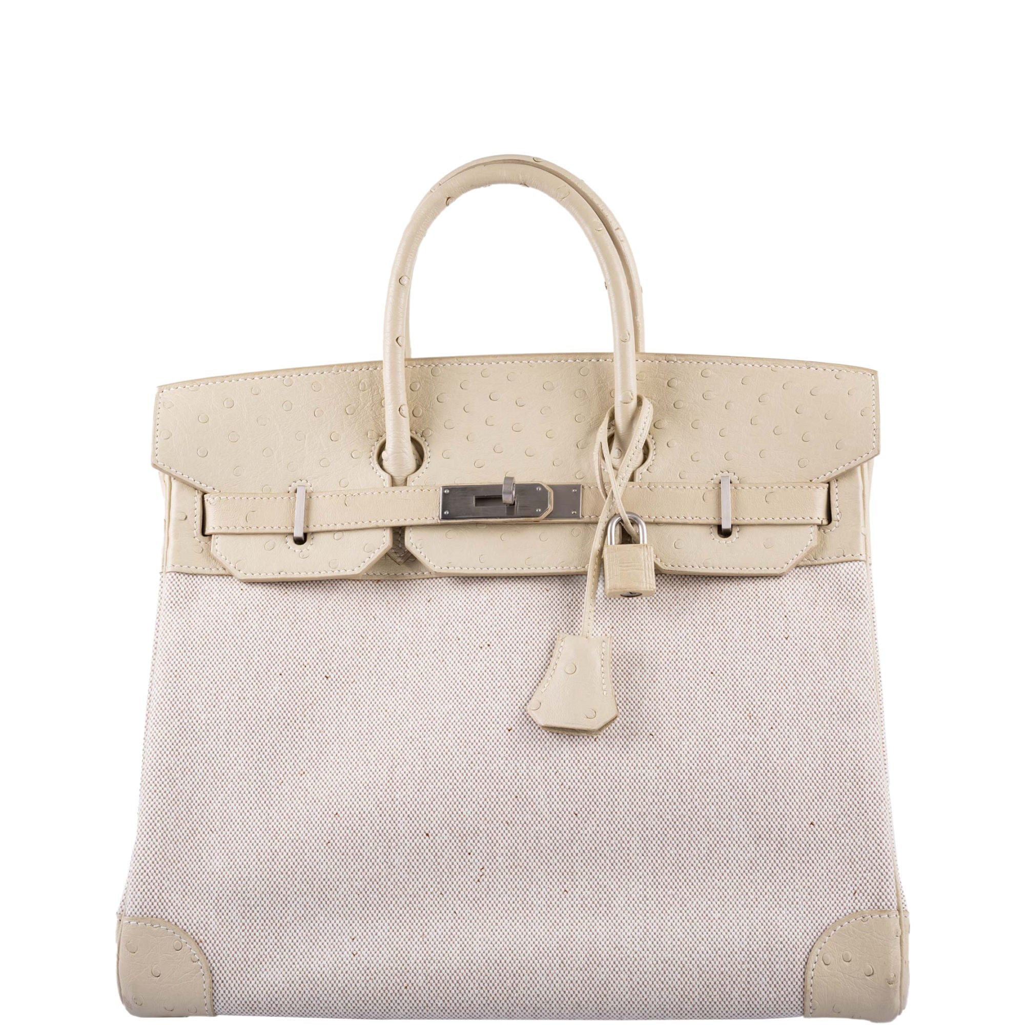 Hermès HAC Birkin 32 Parchemin Ostrich and Toile Brushed Palladium Hardware