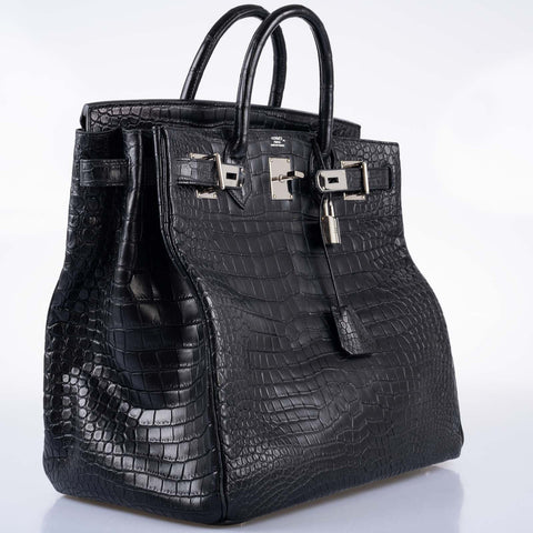 Hermès HAC Birkin 40 Black Matte Porosus Crocodile Palladium Hardware