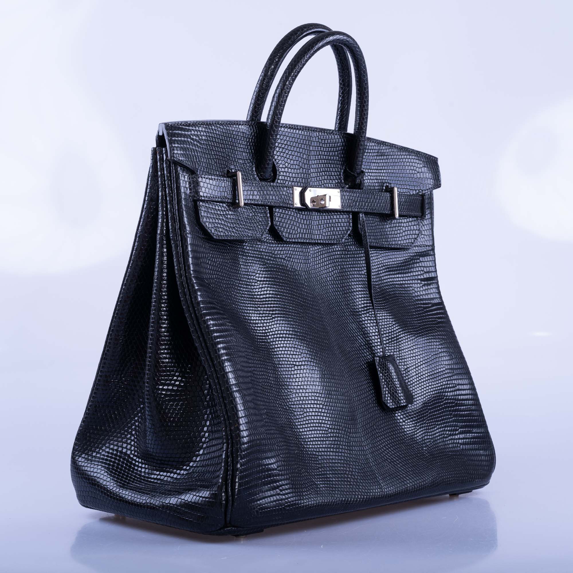 Hermès HAC Birkin 40 Black Shiny Lizard Palladium Hardware