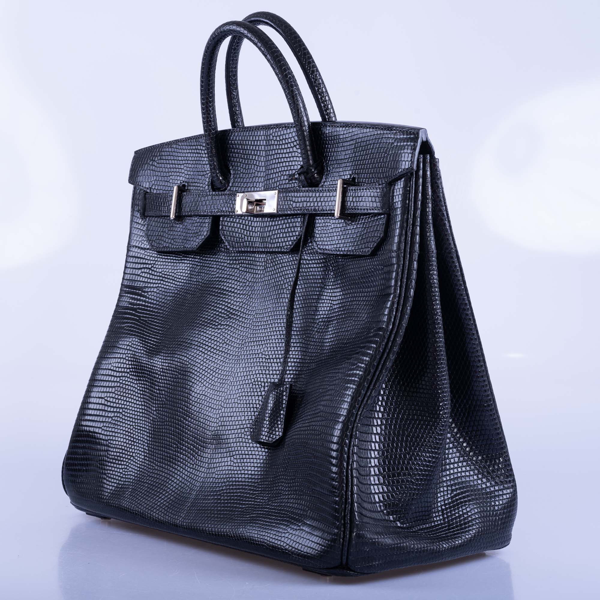 Hermès HAC Birkin 40 Black Shiny Lizard Palladium Hardware