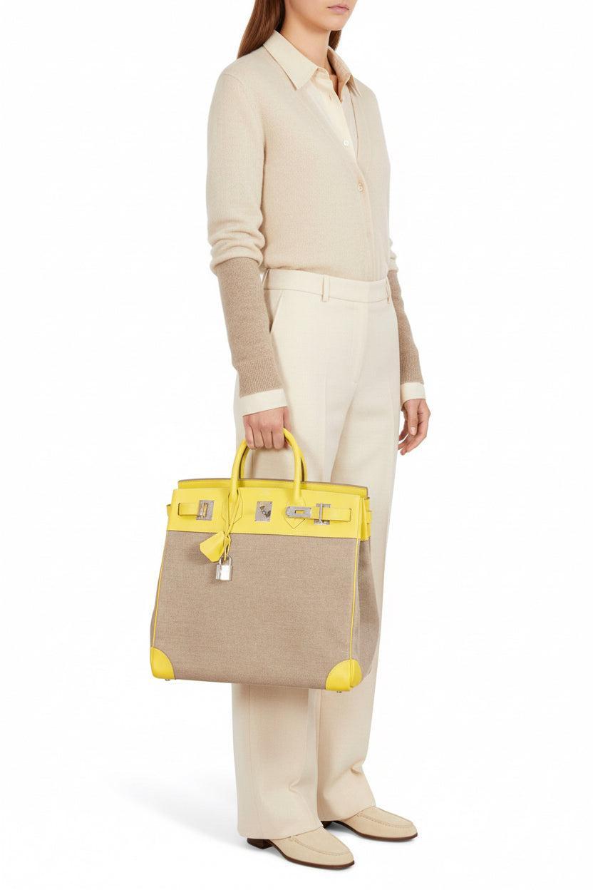 Hermès HAC Birkin 40 Lime Evercolor/Toile de Camp Palladium Hardware