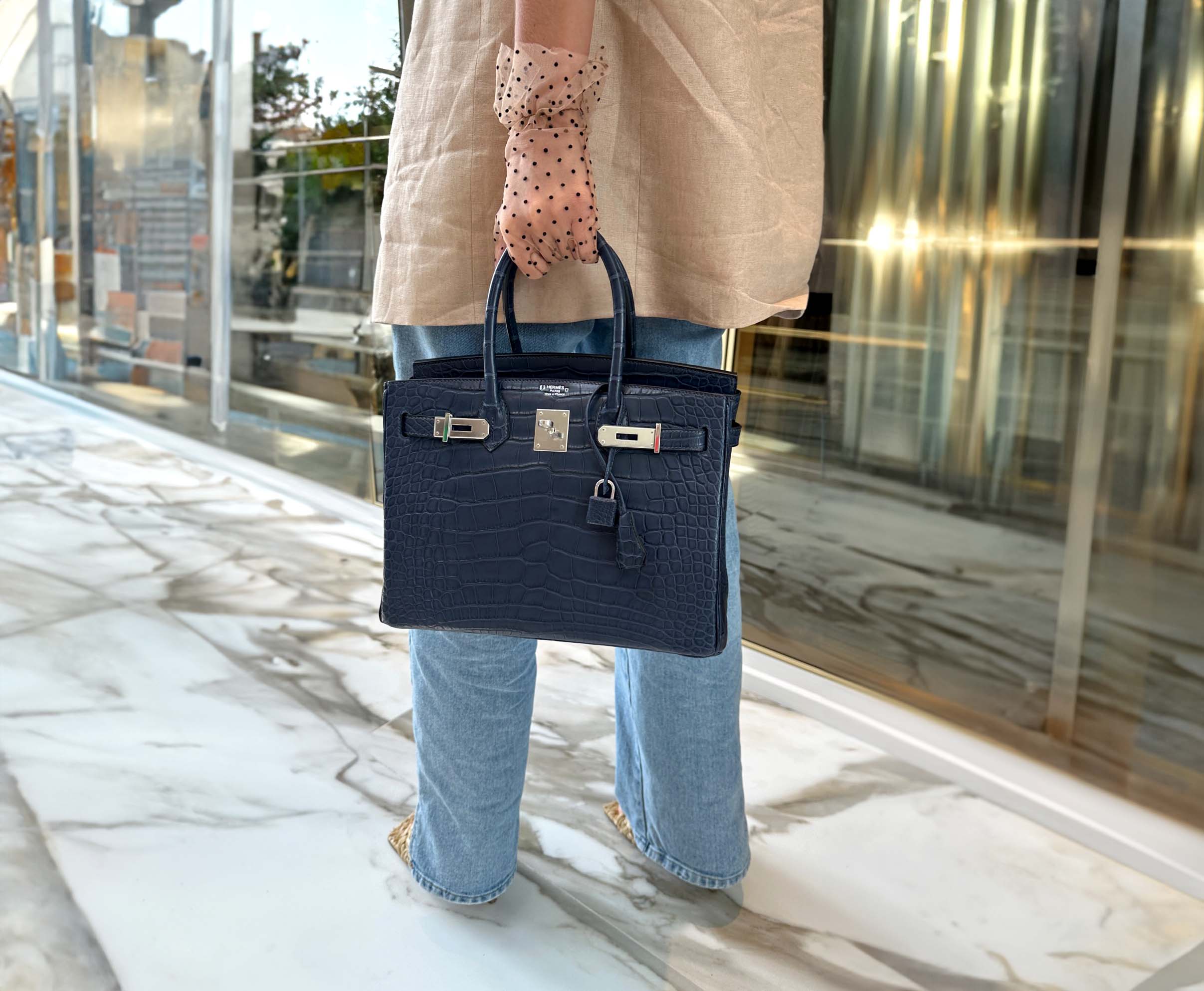 Hermès HSS Birkin 30 Blue Marine Matte Alligator & Cassis Interior with Palladium Hardware