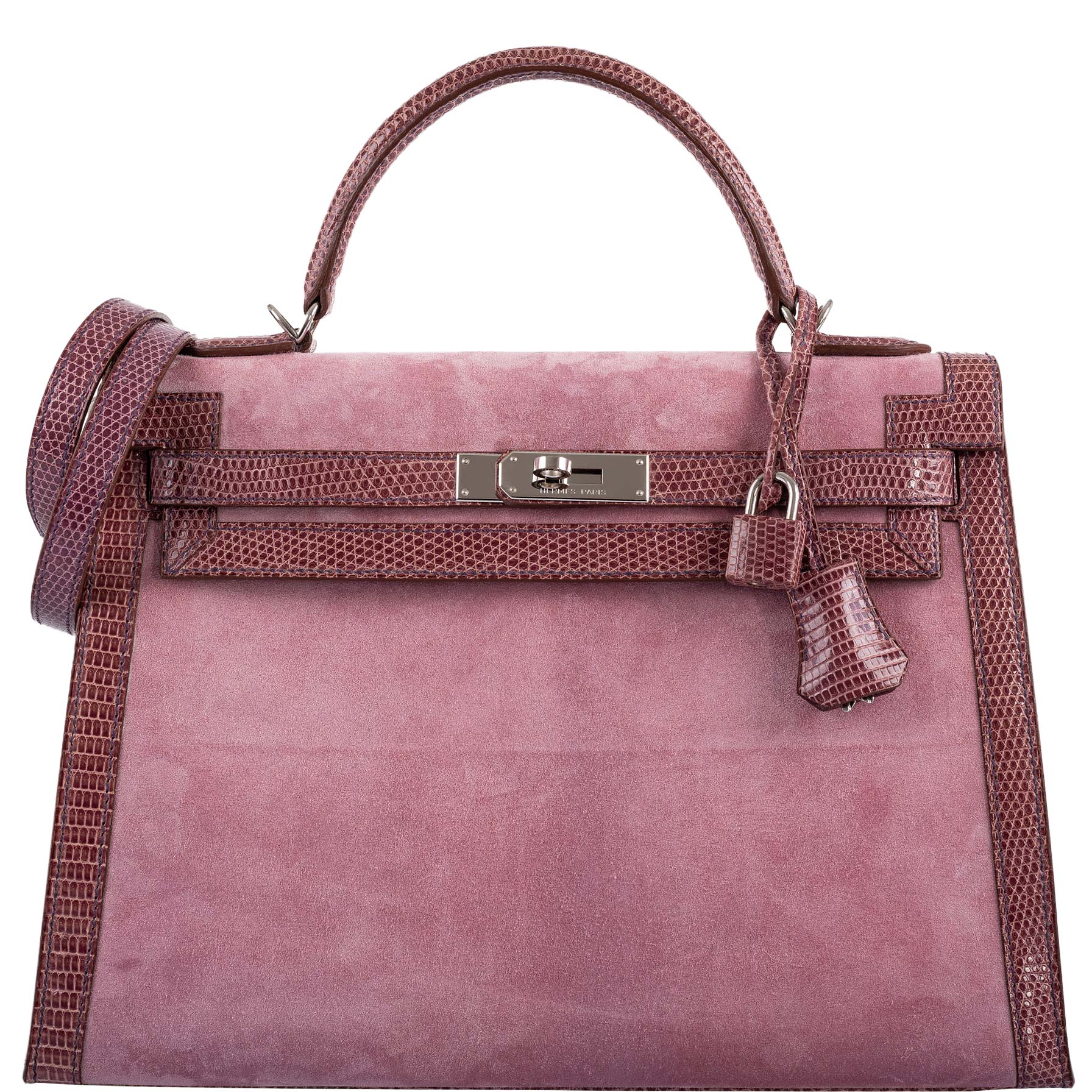 Hermès HSS Kelly 32 Sellier Mauve Lizard and Rose Indienne Doblis Suede Palladium Hardware