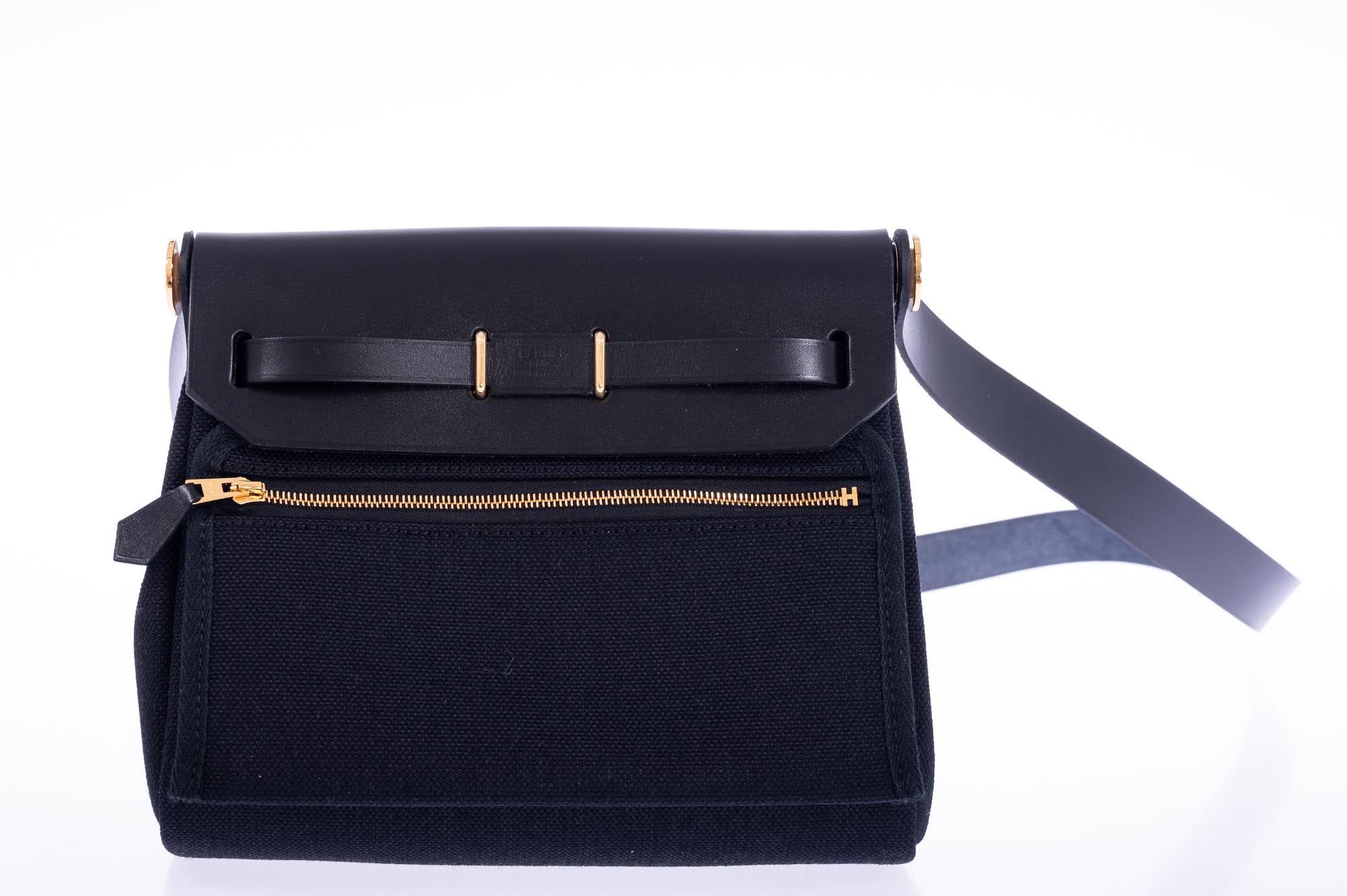 Hermès Herbag Zip 20 Black Vache Hunter and Toile Gold Hardware