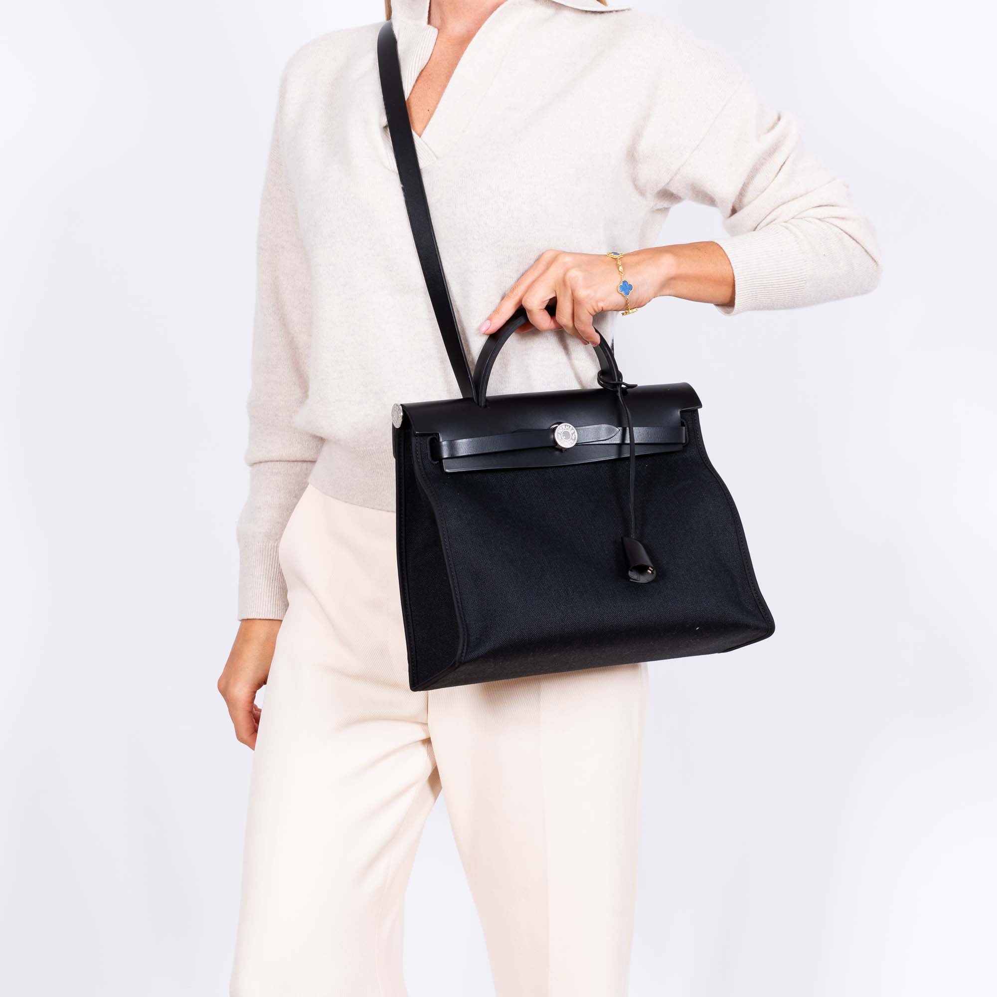 Hermès Herbag Zip 31 Black Hunter and Officer Canvas Palladium Hardware